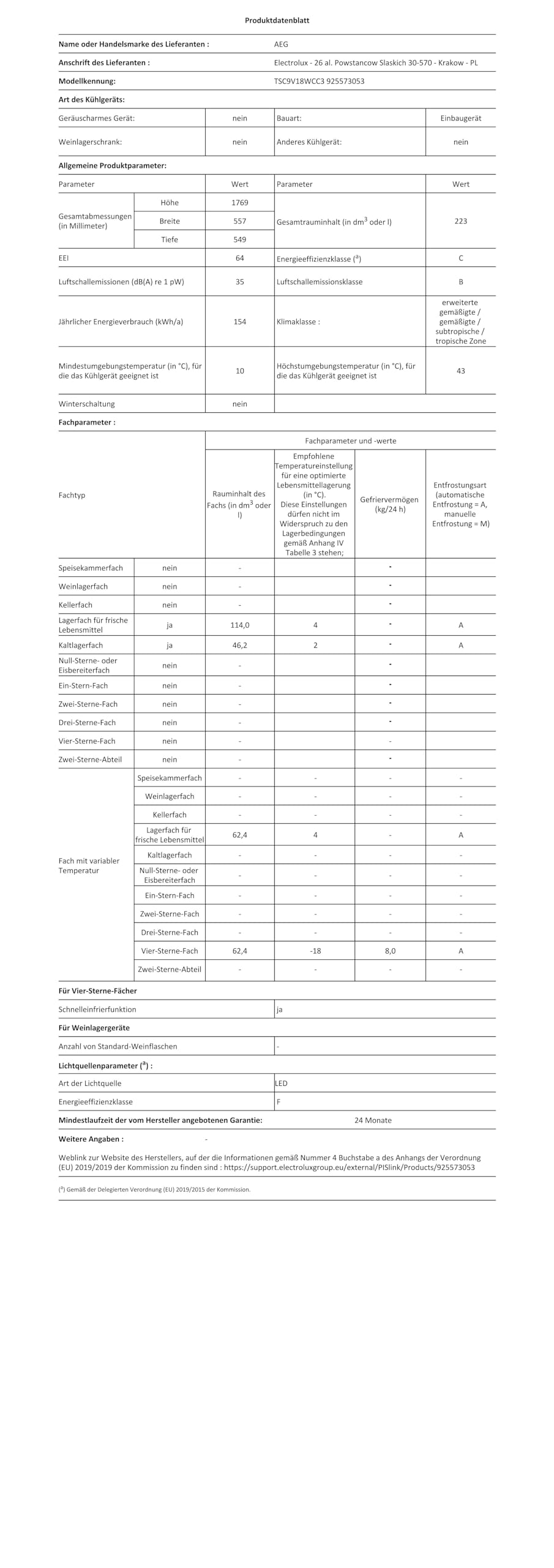 AEG WiFi Einbau-Kühl-Gefrierkombination 178cm, Serie 9000 MultiChill: Null-Grad-Schublade -3°C bis +5°C wählbar, Kühl- (114 L), Gefrier- (63L) & 0°C-Kaltraum (46 L), NoFrost, Festtür, TSC9V18WCC3