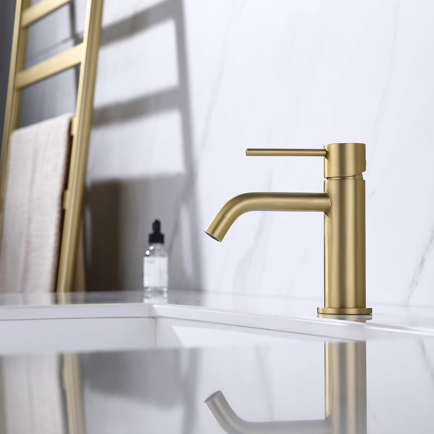 Brushed Gold Bathroom Faucet, Single Handle Brass Sink Faucet Bathroom Single Hole with Pop Up Sink Drain Assembly and Water Faucet Supply Lines - Image 5
