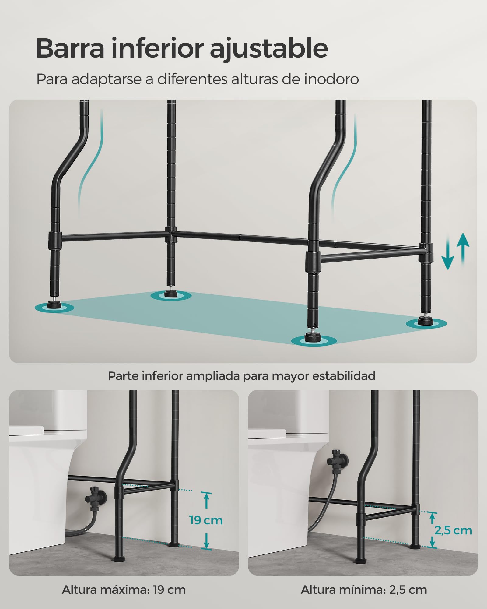 SONGMICS Estantería de Inodoro de 4 Estantes, Estante de Metal para el Baño, Estantes Ajustables, con 4 Ganchos y Portarrollos, Ahorra Espacio, 30 x 63 x 176 cm, Negro BTS013B01