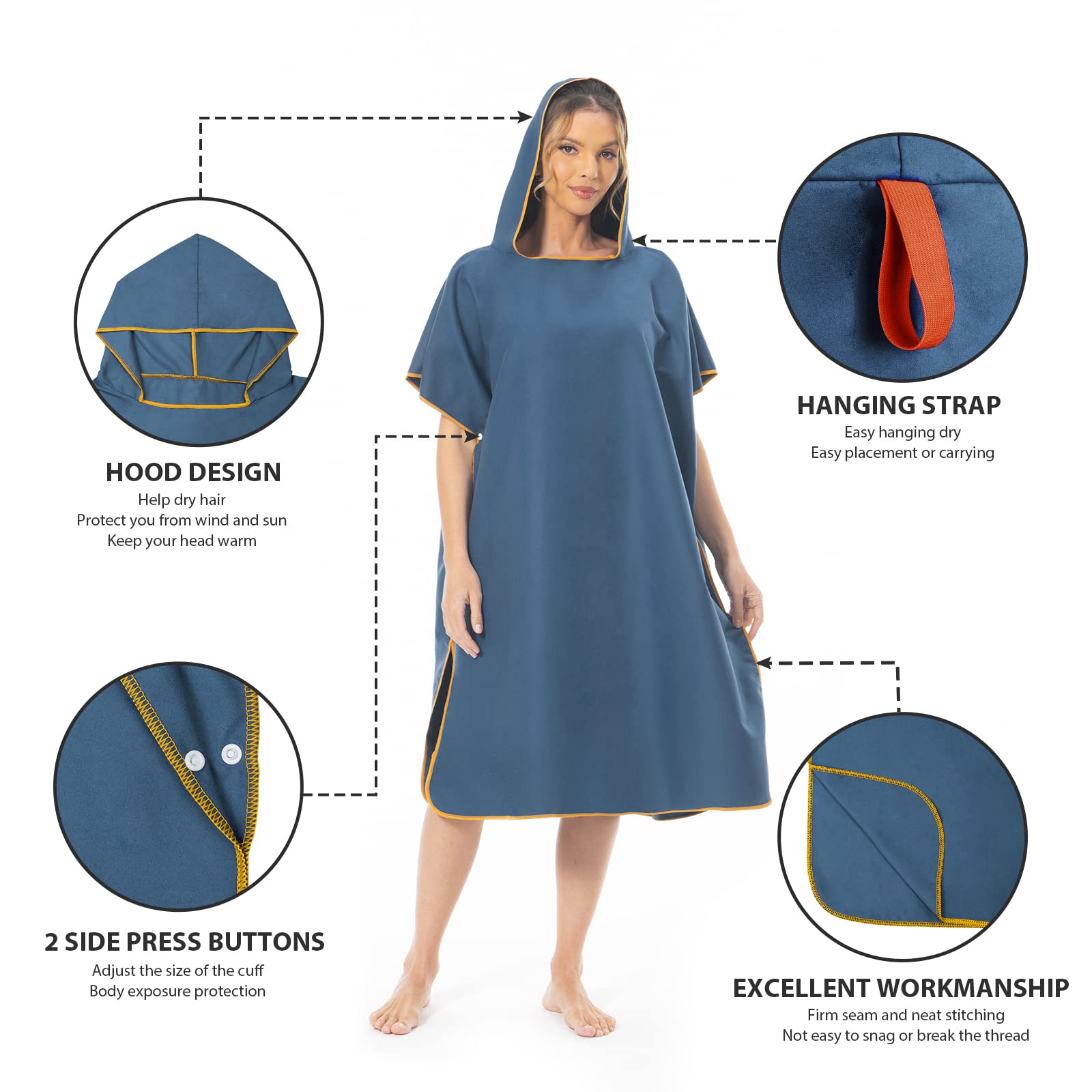 Mokani Accappatoio Poncho Asciugamano in Microfibra con Cappuccio per Beach Surfing Nuoto Muta Cambio, Asciugatura Rapida & Leggera, Adatto a Uomini Donne Adulti (Blu Scuro)