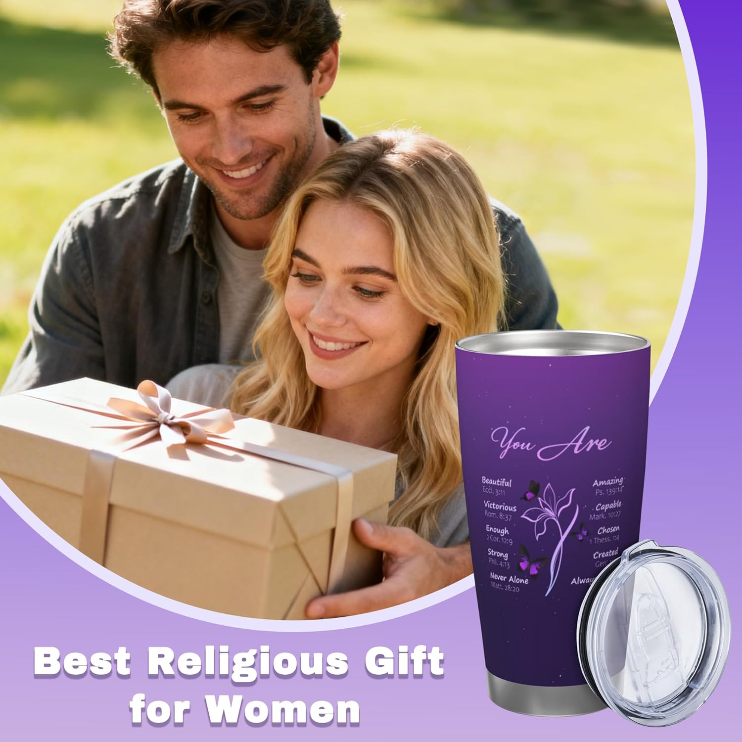 Christian Gift for Women, Purple Double Wall Stainless Steel 20 oz, Inspiration Religious Tumbler Gifts for Mom, Friend, Sister, Faith Scripture Design with Butterfly - Image 6