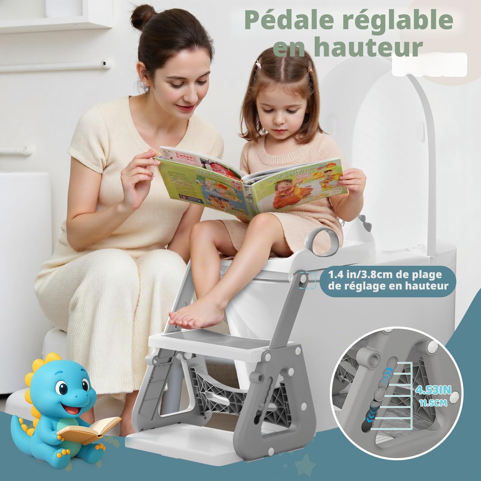 Reducteur Toilette Enfant, 2 en 1 Rehausseur Toilette Enfant avec Marche Réducteurs de Toilettes avec Structures Triangulaires, Propreté Apprentissage Adaptateur Abattant WC Pédale Allongée et Coussin