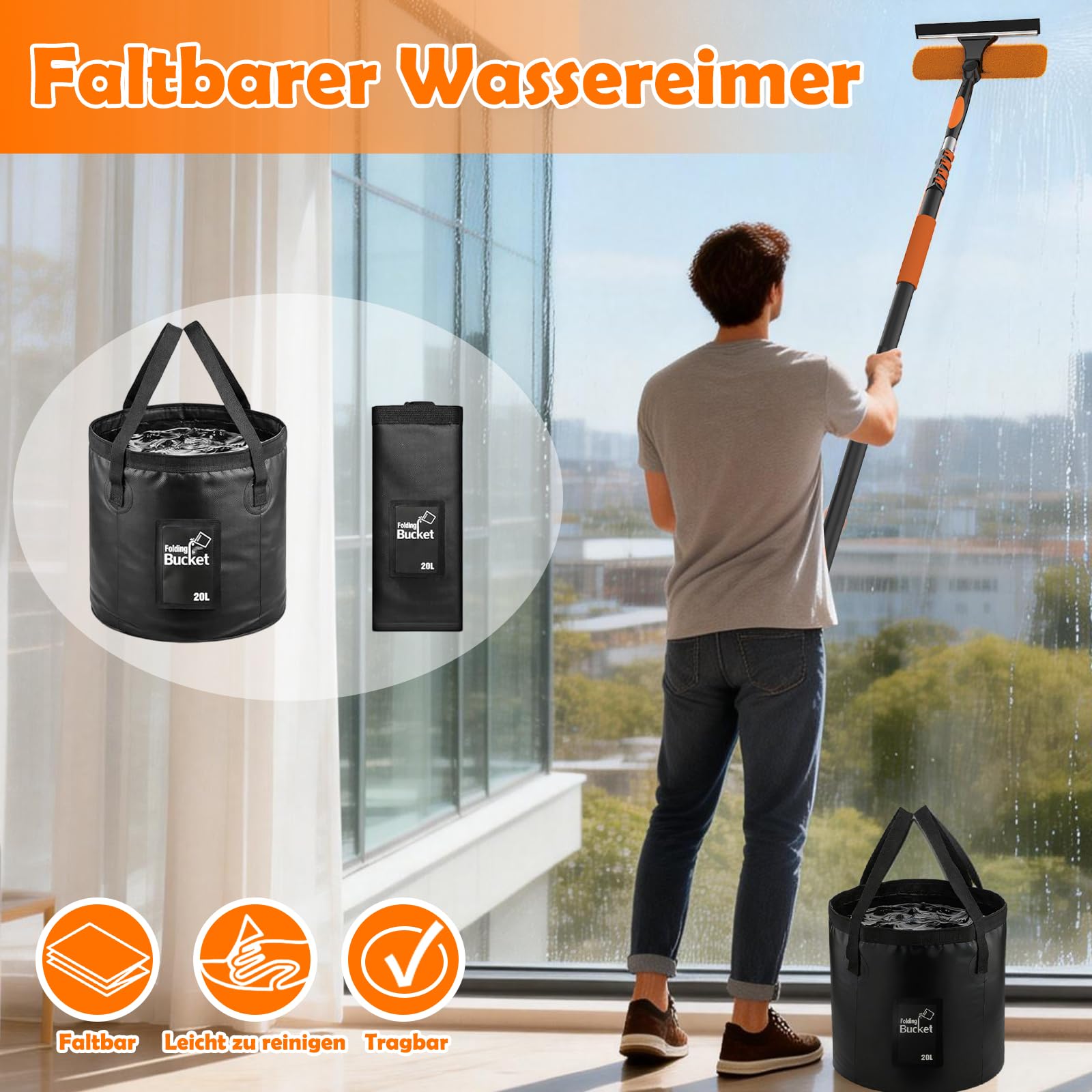 LAANPOLE 6M Staubwedel Teleskop Waschbar, Spinnwebenbesen mit Teleskopstiel, Fensterabzieher zum Reinigen von Decken, Lücken, Deckenventilatoren
