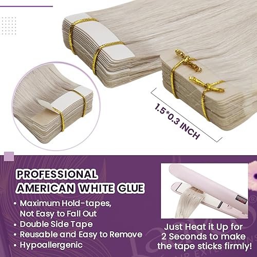 Miniatura 3 de LaaVoo - Extensiones de cabello humano adhesivas con cinta invisible, cabello rubio blanco, extensiones de cabello Remy largo, 20 uds, 1.76 oz, 30