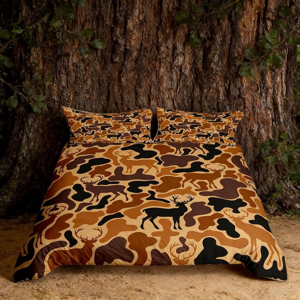 Loussiesd Kids Camo Deer Bedding Set Double Size Deer Hunting Comforter Cover for Girls Bedroom Decor Brown Antlers Duvet Cover Soft Women Men Western Farmhouse With 2 Pillow Case