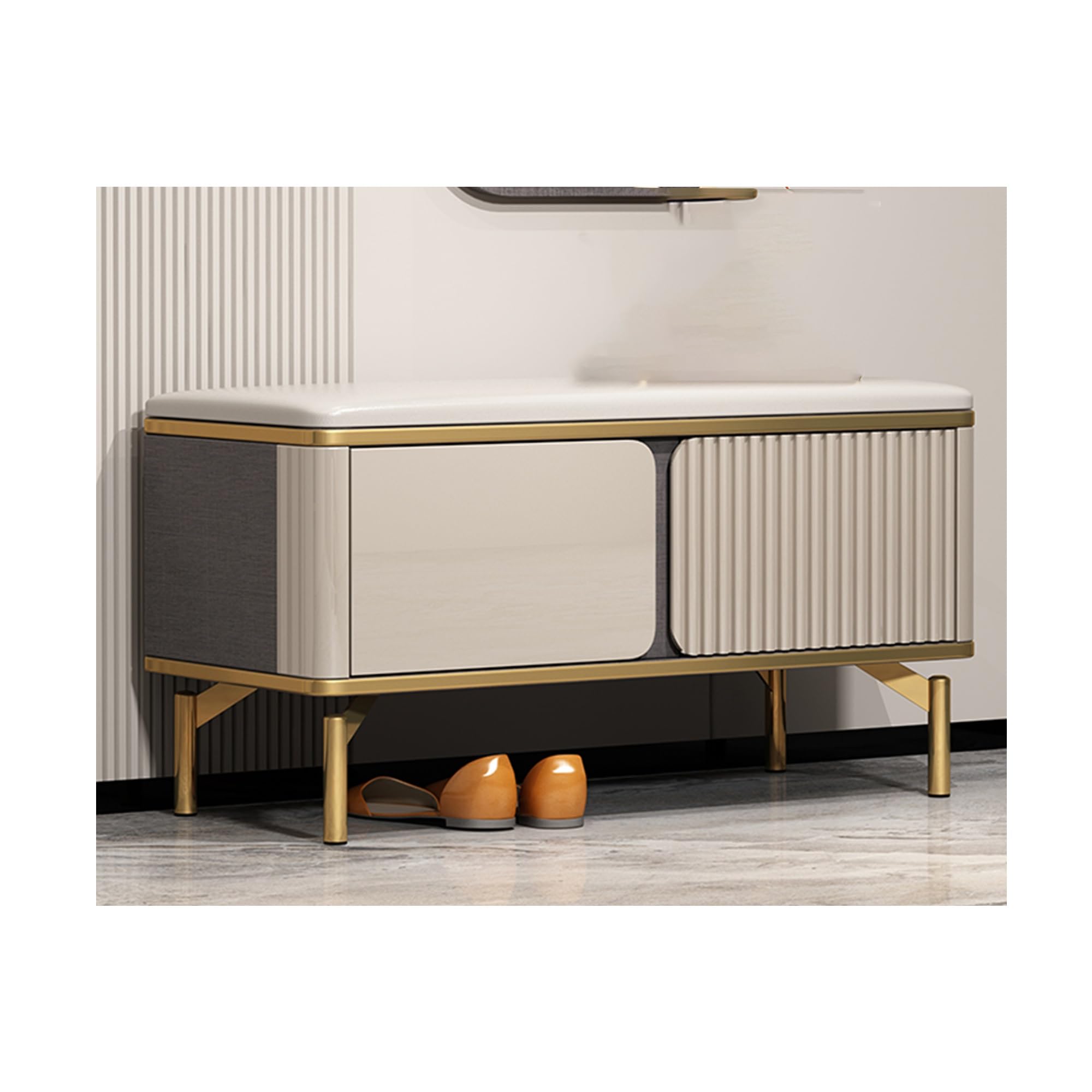 Banc de rangement à chaussures gris avec 2 portes et coussin d'entrée 100cm
