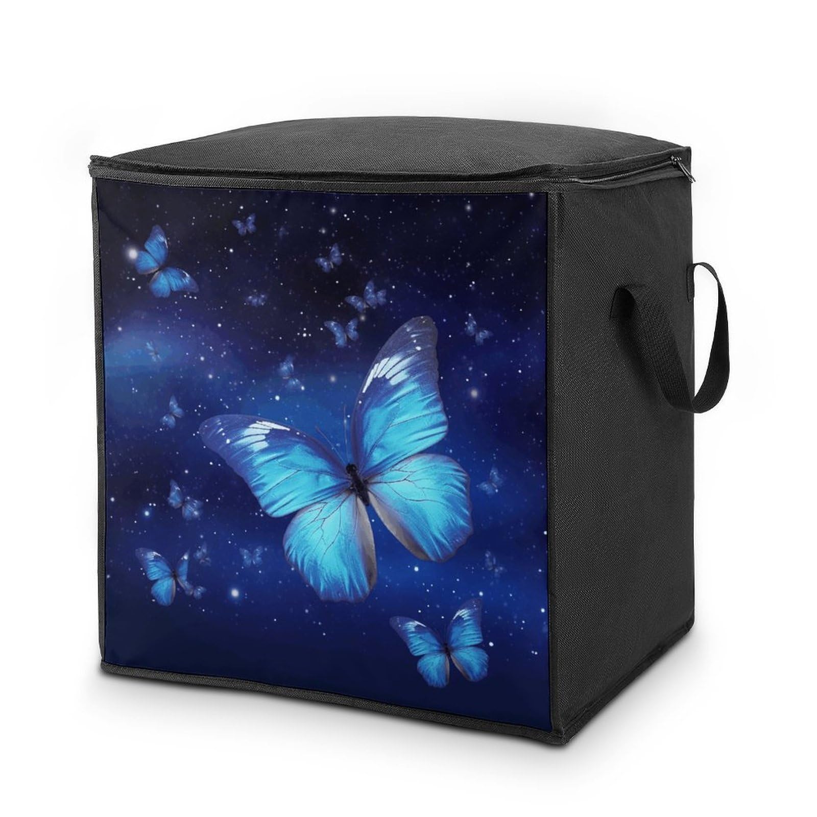 Blue Starry Butterfly Storage Bag with Zippers And Handle Extra Large Bedding Comforter Storage Bag Foldable Blanket Storage Bags Fabric Moving Bags for Closet Organizer (70L)