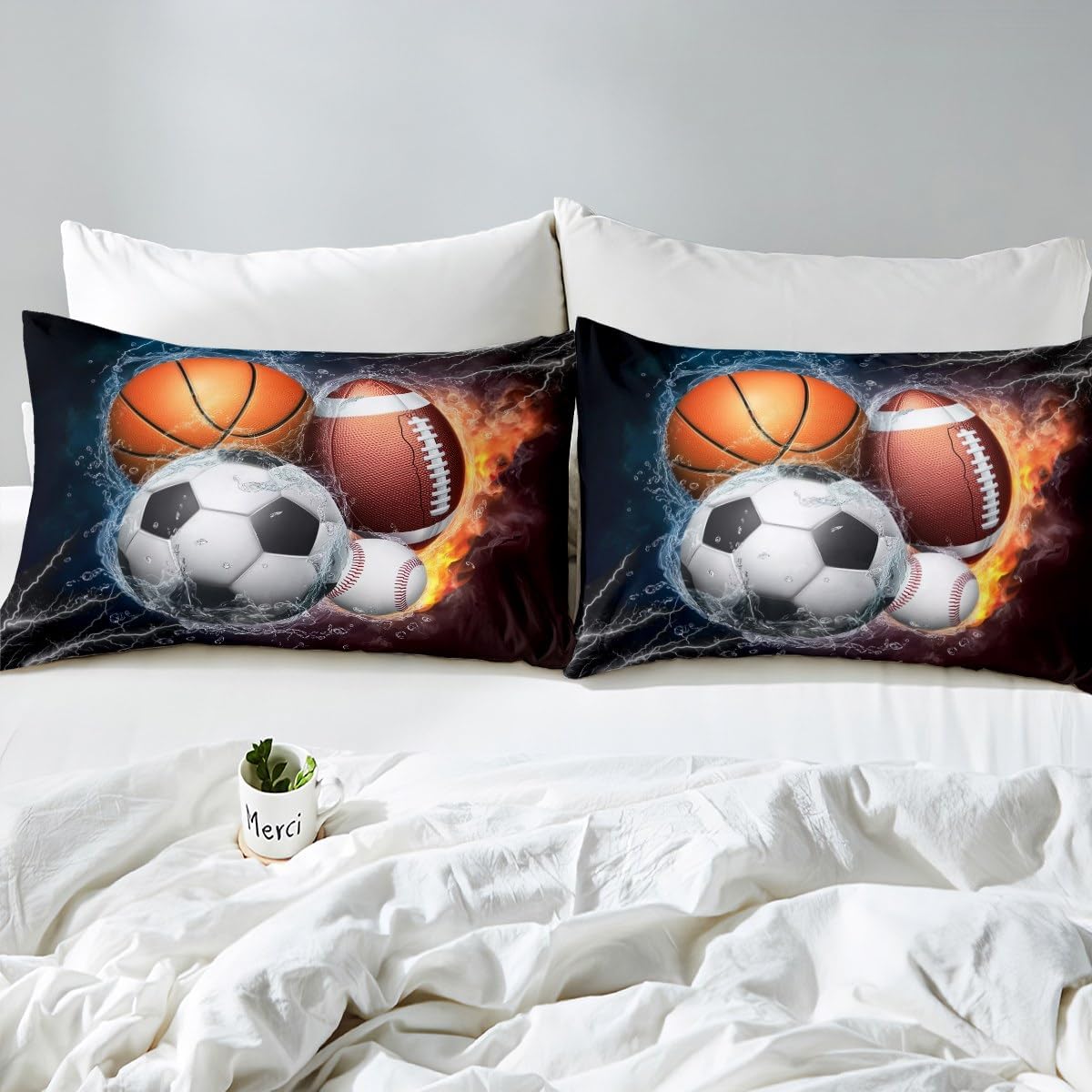 Erosebridal Sports Bedding Sets Boys Twin Size,Baseball Soccer Duvet Cover Kids Teens Basketball Football Comforter Cover Ball Games Quilt Cover,Fire Ice Trippy Lightening Decor 2Pcs Soft Luxury