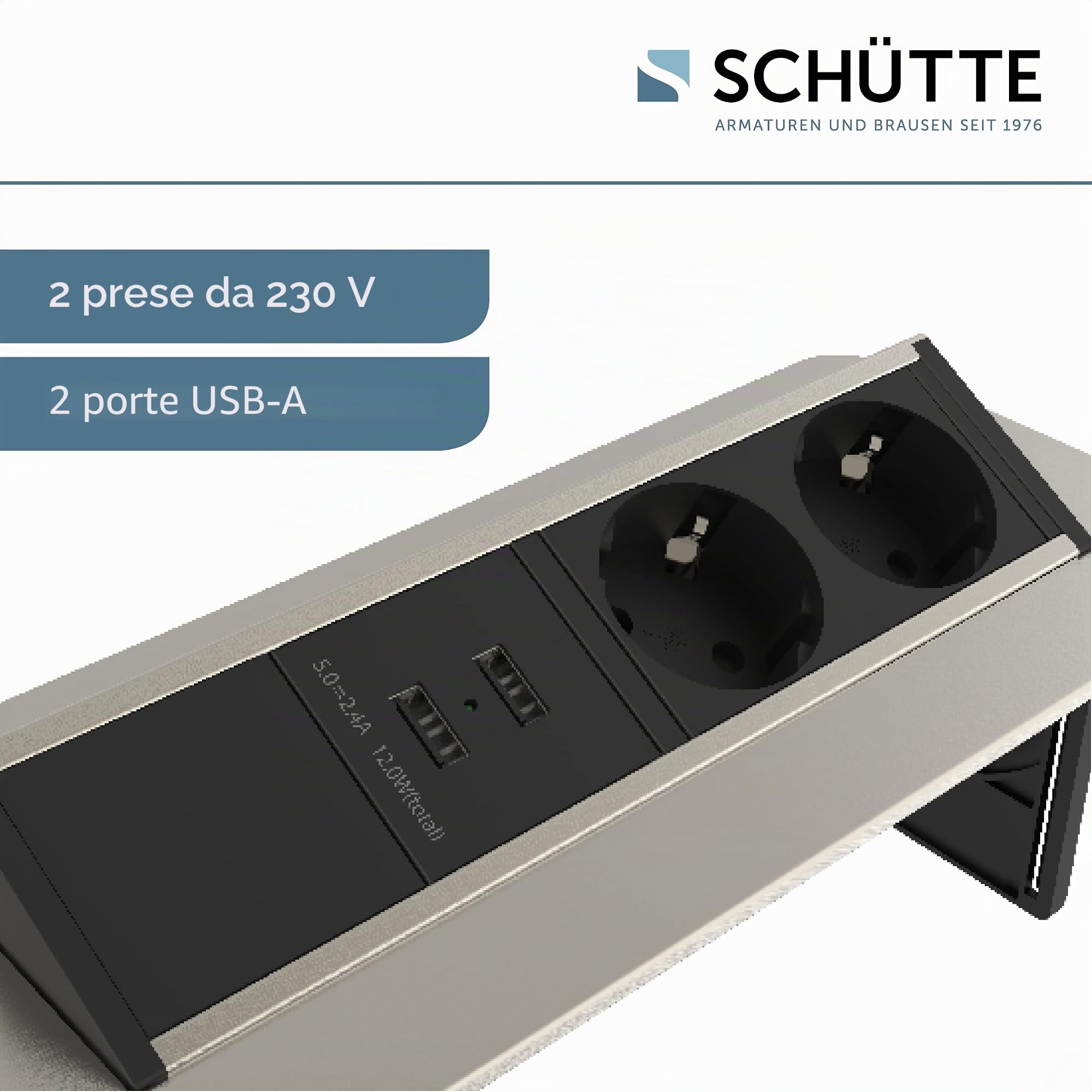 SCHÜTTE, presa multipla richiudibile per piano di lavoro (2 porte USB e 2 prese da 230 V), presa a incasso per cucine da attrezzare, presa da tavolo, in acciaio inox