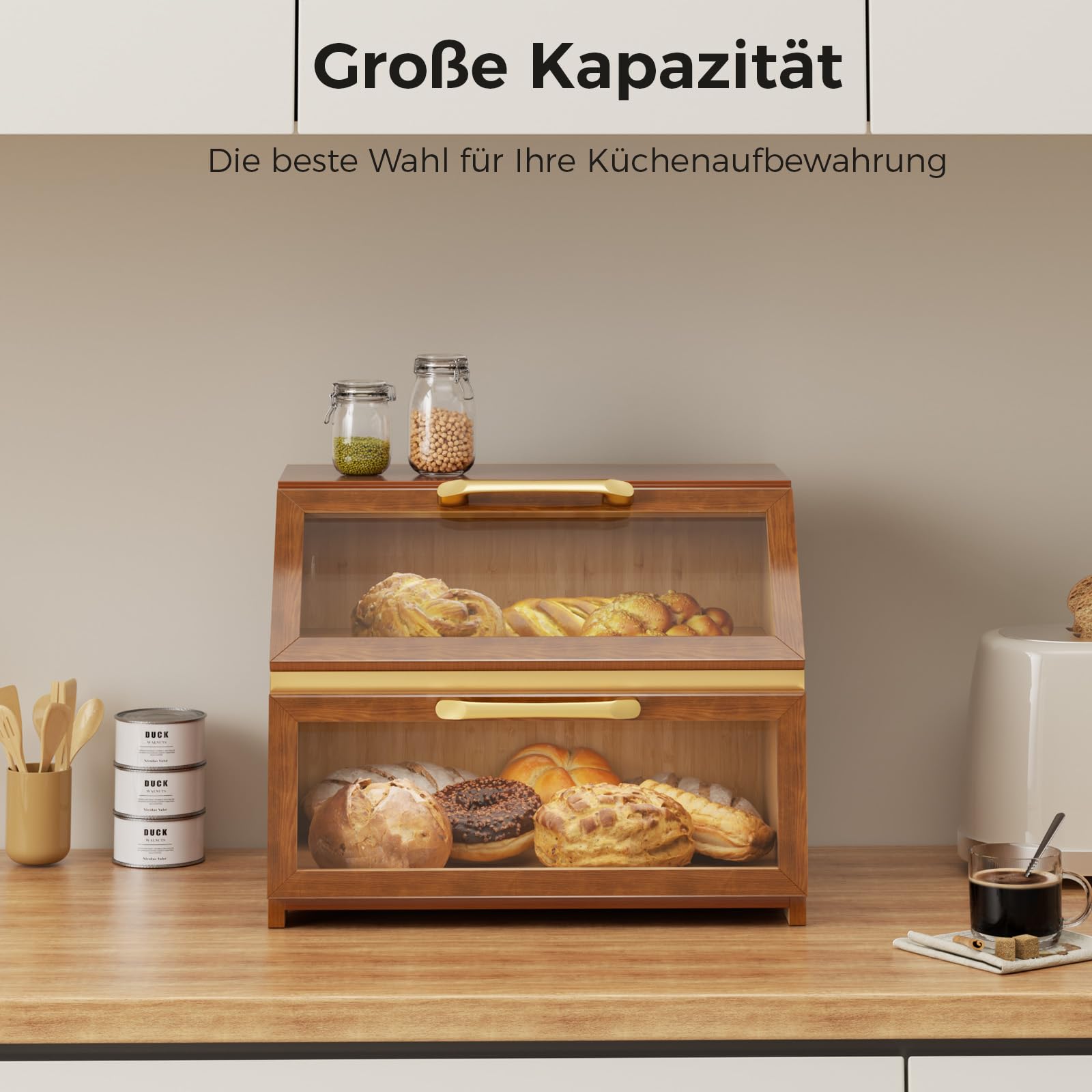 Chlebak z wentylacją z drewna, na blat kuchenny, duży pojemnik do przechowywania chleba na samodzielnie upieczony chleb, organizer w stylu wiejskim do narożnika kuchennego, szafki (orzech K)