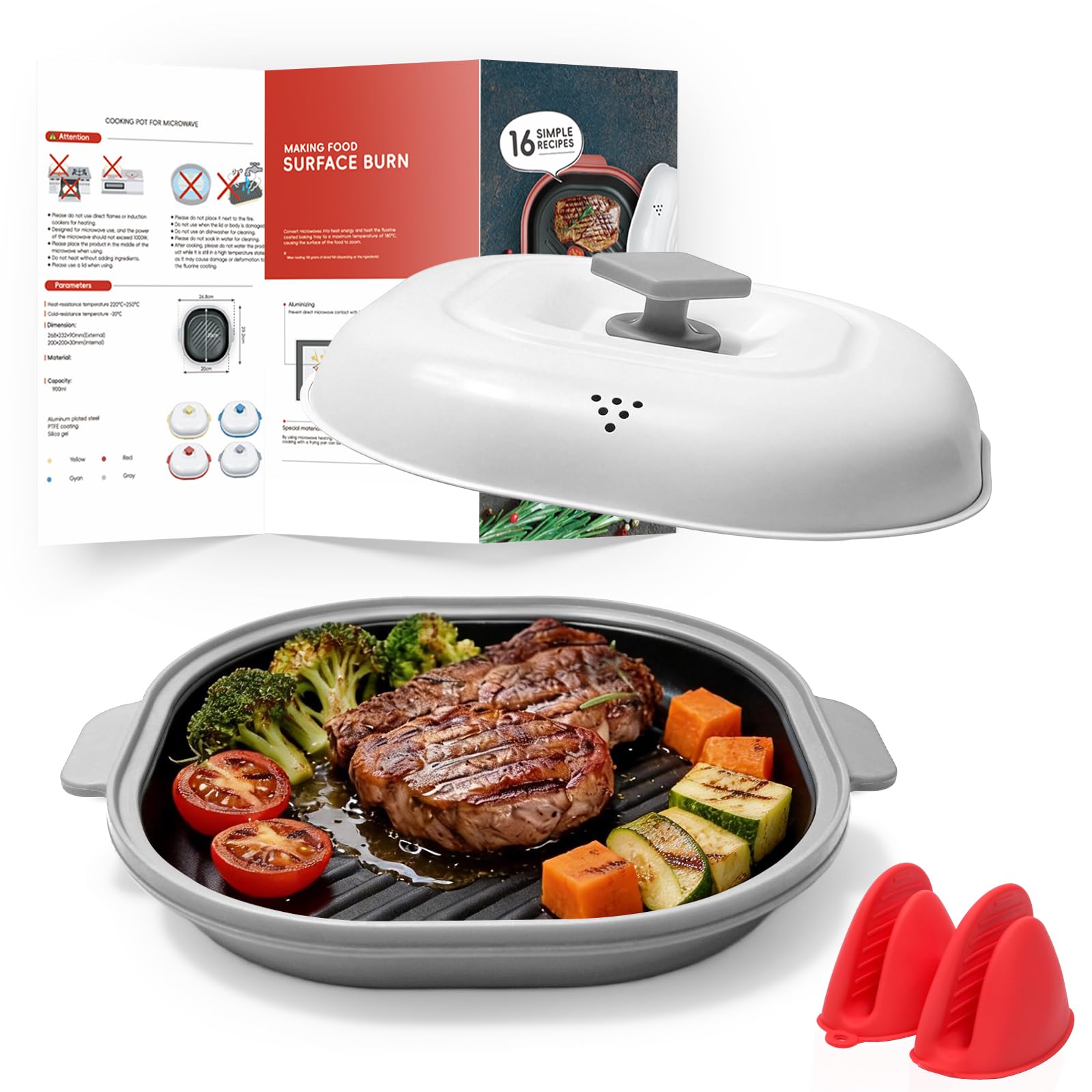 Microwave Grill Pan with Lid,Microwave Pan with Non-Stick Plates, Microwave Bacon Cooker for Grilling,and Roasting, Perfect for Potatoes,Bacon,Steaks,and Chicken,Quick and Easy Cleanup (Grey)