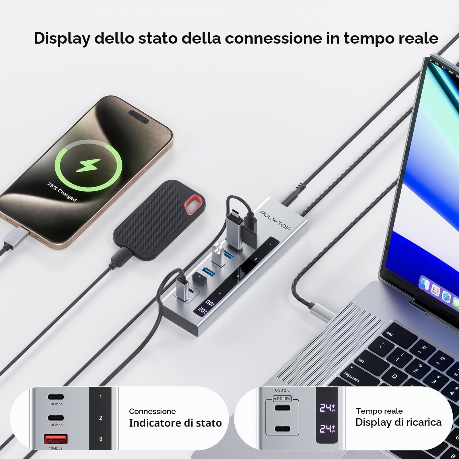 Hub USB C alimentato, 10 in 1 HUB USB-C con 3 x USB A/C 10 Gbps, 3 x USB-A 5 Gbps, 100W USBC PD, 2 x 24/45 W USBC PD Data Hub di ricarica per PC/laptop (adattatore 72 W incluso)