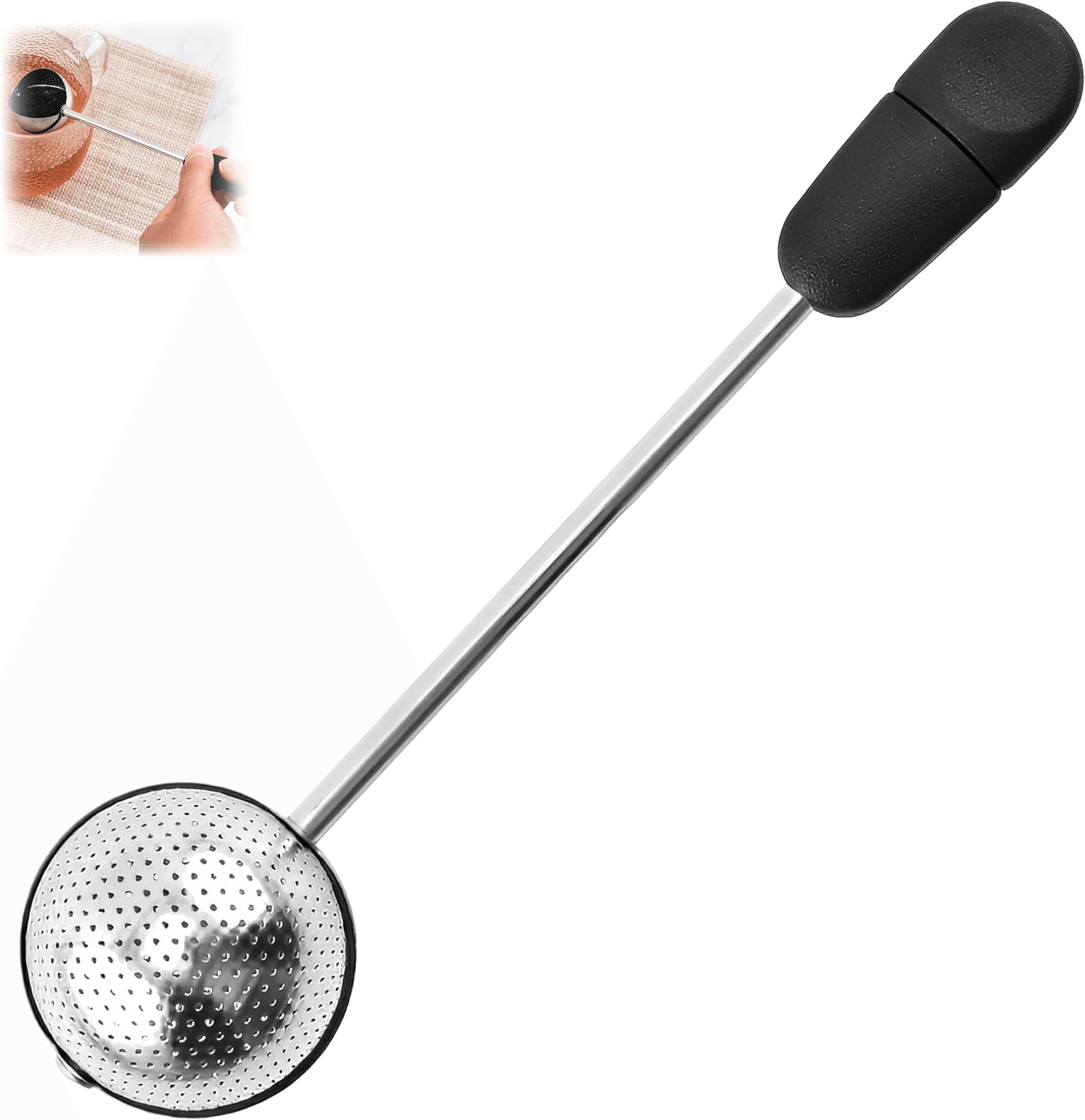 1 Pack Black Turn Tea Infuser for Loose Leaf Tea Steeper with Long Handle Stainless Steel Tea Strainer, Fine Mesh Tea Filter for Cup Teapot Spices Seasonings Bake Wand Flour Duster