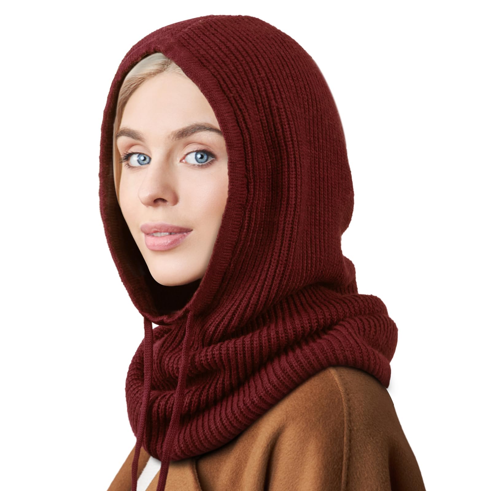 Dreshow Women's 1 Pc Hooded Hat: Burgundy Winter Hats For Balaclava Knit Beanie Skull Cap With Drawstring Warm Hooded Scarf Hat