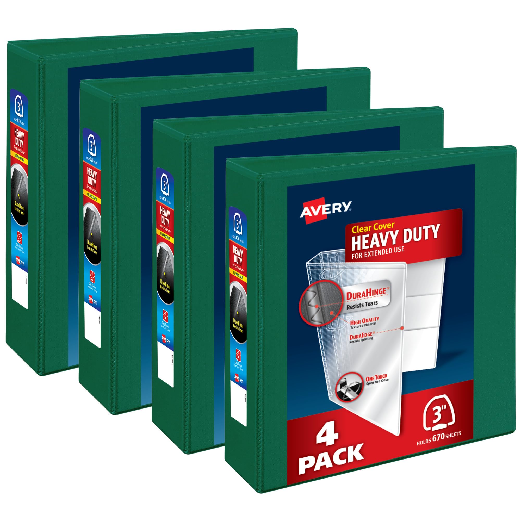 Avery Heavy-Duty View 3 Ring Binders, 3 Inch One Touch EZD Rings, 670-Sheet Capacity, 3.5 Inch Wide Spine, Customizable Clear Cover and Spine, Green