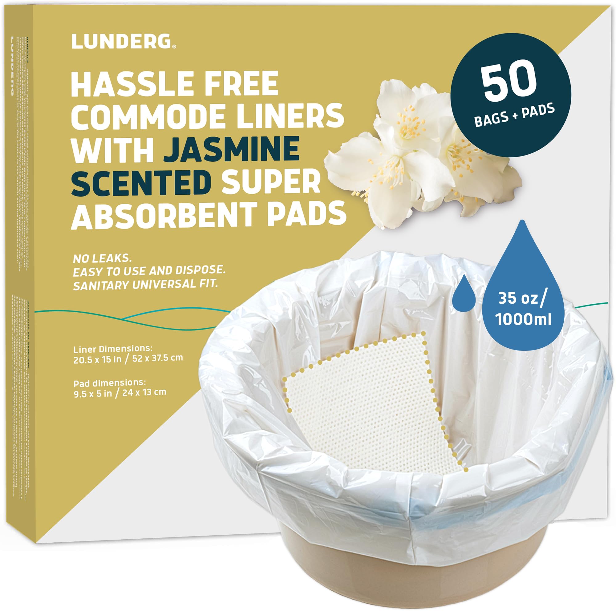 Lunderg Commode Liners with Absorbent Pads - Jasmine Scent Medical Grade 50 Count Universal Fit - Disposable Bedside Commode Liners and Pads for Adult
