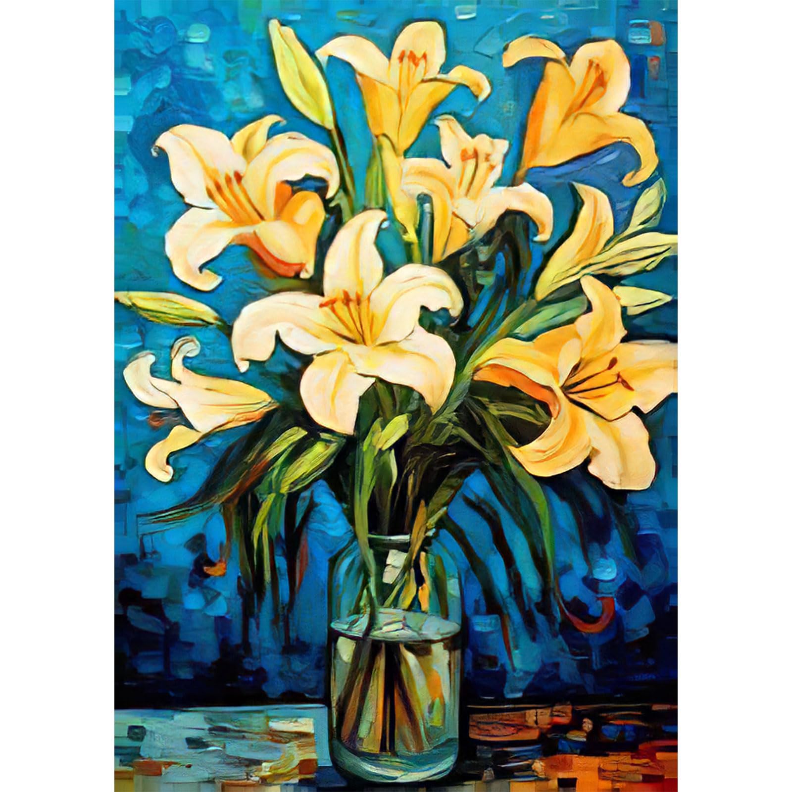 RICUVED Flowers Diamond Painting Kits Lily for Adults,Vase 5D DIY Full Drill Round Flowers Diamond Art Gem Painting Diamond Painting for Home Decor 30x40cm