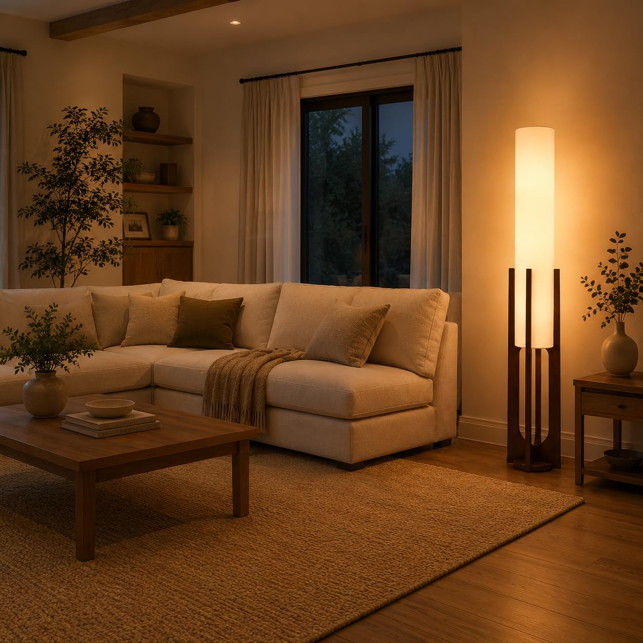 Lampadaire de salon 127 cm en bois, lanterne papier, 3 couleurs de lumière, Ampoule LED incluse, interrupteur au pied, style mid-century pour chambre, bureau, coin lecture et petits espaces