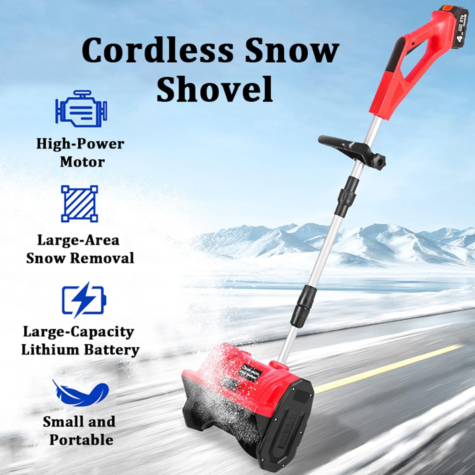 Pala da neve senza fili, direzione regolabile, asta telescopica, senza fili, a batteria, spazzaneve per strade scolastiche e vialetti