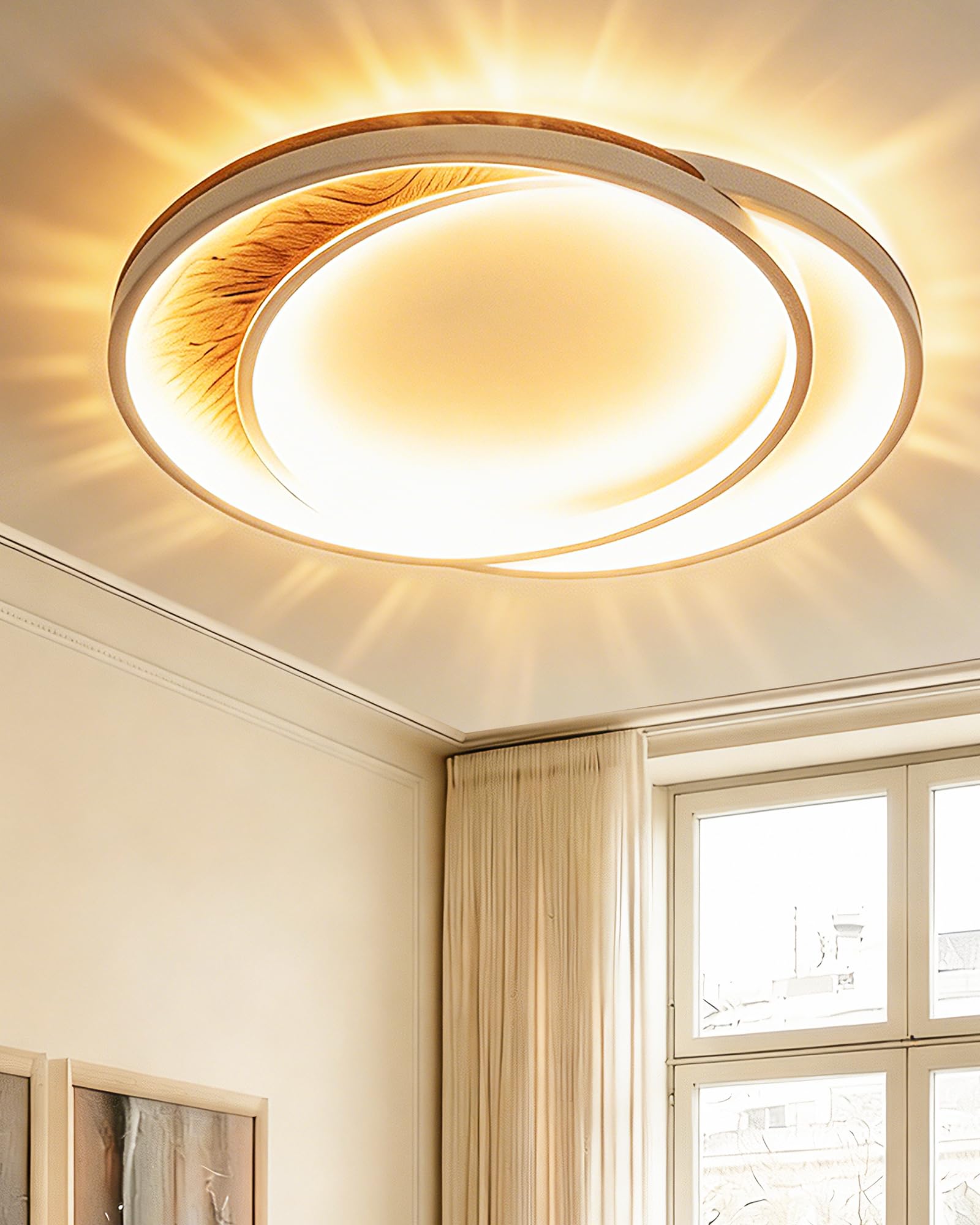 Deckenlampe Wohnzimmer LED Deckenleuchte Massivholz 36 cm, 2 Ringe, 32W, dimmbar Fernbedienung, Nachtlicht & Memory-Funktion, Moderne Deckenbeleuchtung für Schlafzimmer, Küche, Flur, Esszimmer, Büro