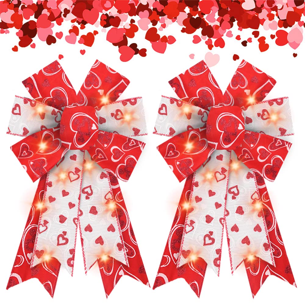 Estivaux 2 PCS Valentine's Day LED Bows for Wreath, Valentines Wreath Bows Red White Burlap Bows with LED Light Heart Gift Bows for Front Door Valentines Party Wedding Anniversary Decorations Suppies