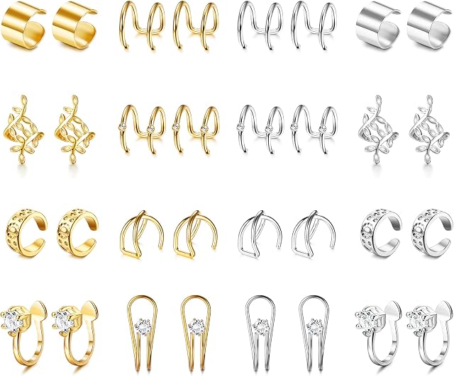 Kakonia 16 Pairs Ear Cuff Earrings for Women Non Piercing Faux Ear Cuff Fake Cartilage Earrings Clip on Wrap Earrings Adjustable Fake Earrings Helix Conch Cuffs Fake Lip Nose Ring