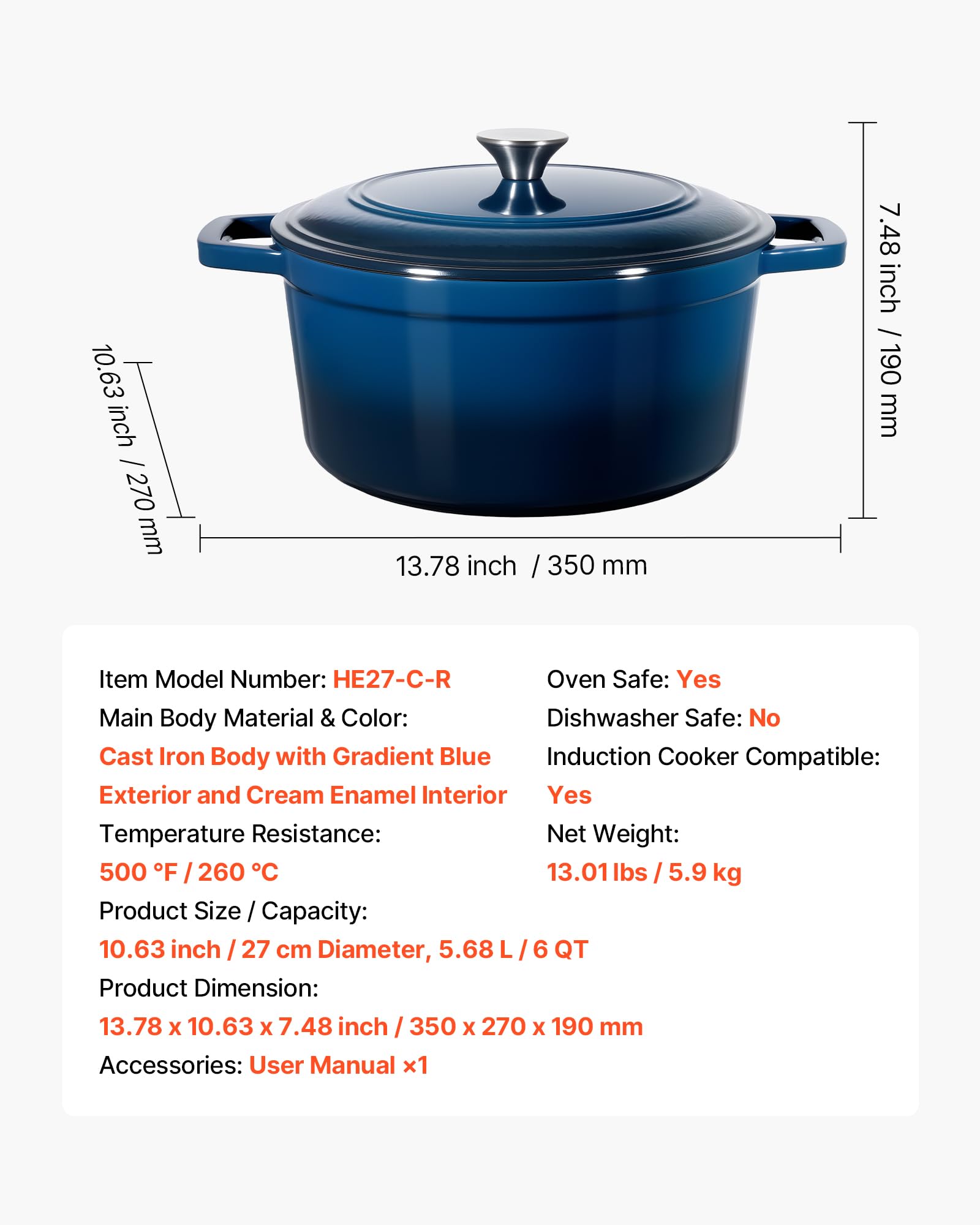 VEVOR Cocotte en fonte 5,68 L, marmite émaillée avec couvercle et deux poignées, robuste et durable, pour les fours à induction jusqu'à 260 °C, pour braiser, mijoter, rôtir et cuire le pain, bleu