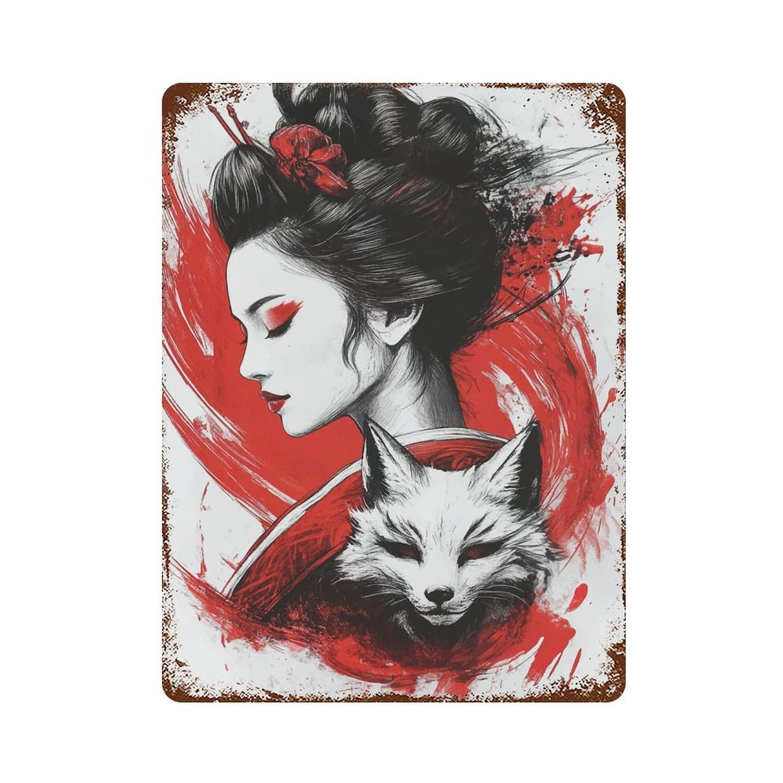 Geisha And Fox Vintage Wall Sign 15.7"x11.8", Rust Effect Metal Decor for Basement, Hobby Room And Garage Decor