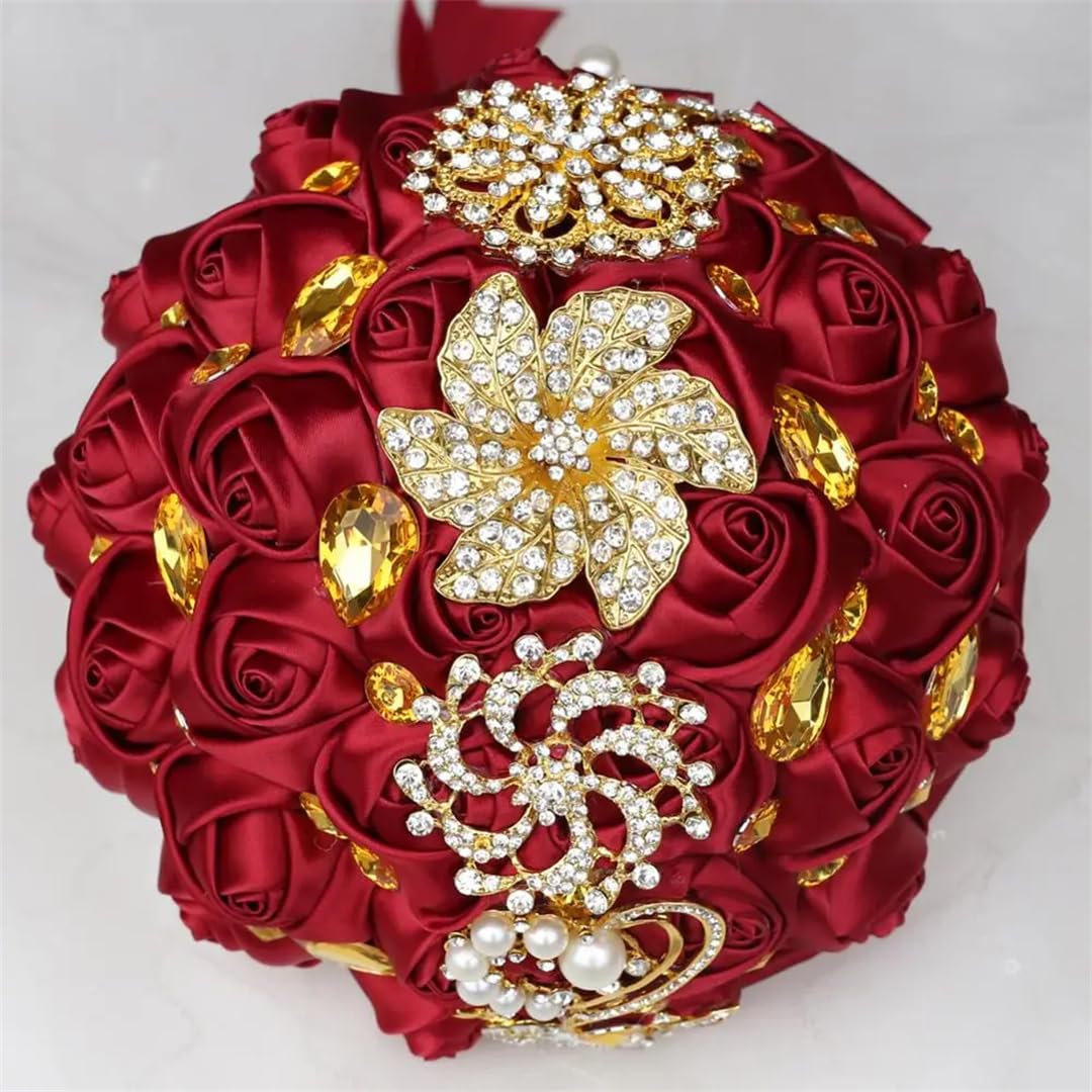 HJRegaFimu Gold Brooch Bridal Hand Holding Flower Bouquets White Crystal Solid Silk Bridesmaid Wedding Bouquet Diameter 15cm