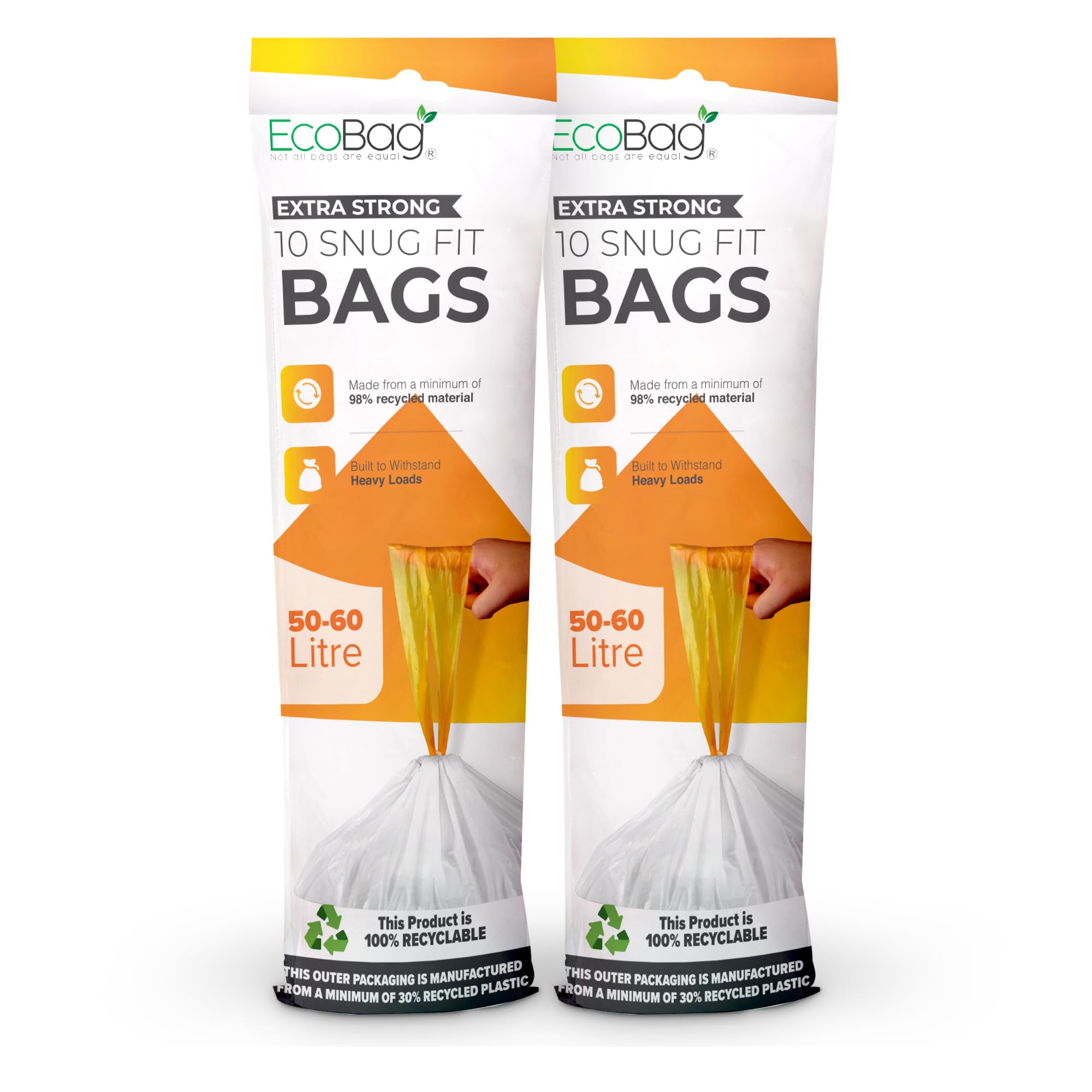 Ecobag Unscented (50-60L) - 20 Pack White Kitchen Drawstring Bin Liner - 50-60L - 28 Microns - Heavy Duty, Extra Strong, Brabantia Compatible, Eco-Friendly, Tear Resistant, Clear Recycling Bags (620 X 810Mm)
