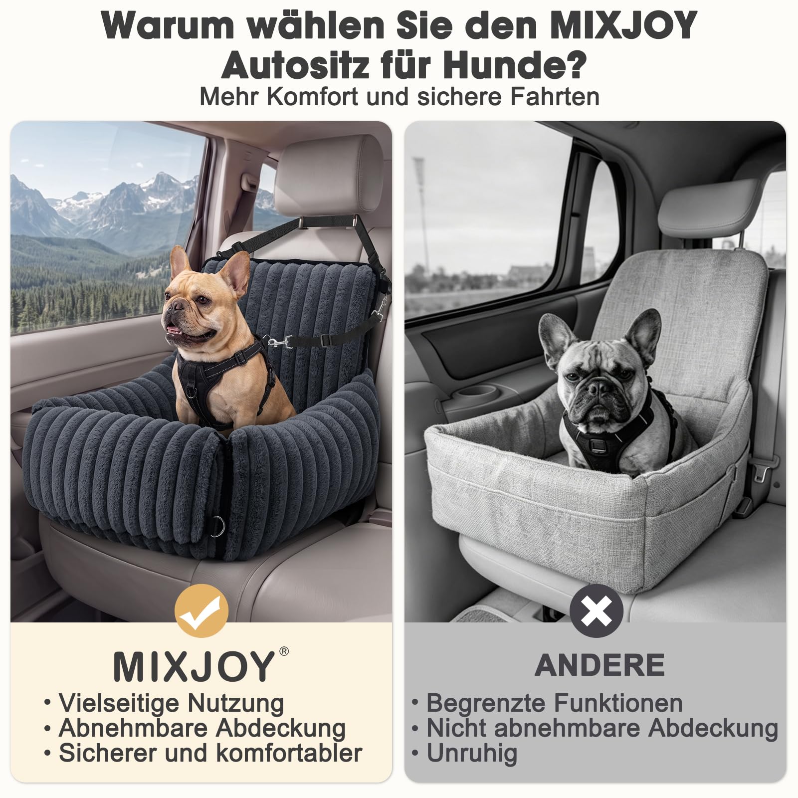 MIXJOY Siège Auto pour Chien, Amovible, pour Chiens de Petite à Moyenne Taille, Laisse Lavable, Rembourrage en Mousse à mémoire de Forme, pour siège arrière et siège Avant, Gris