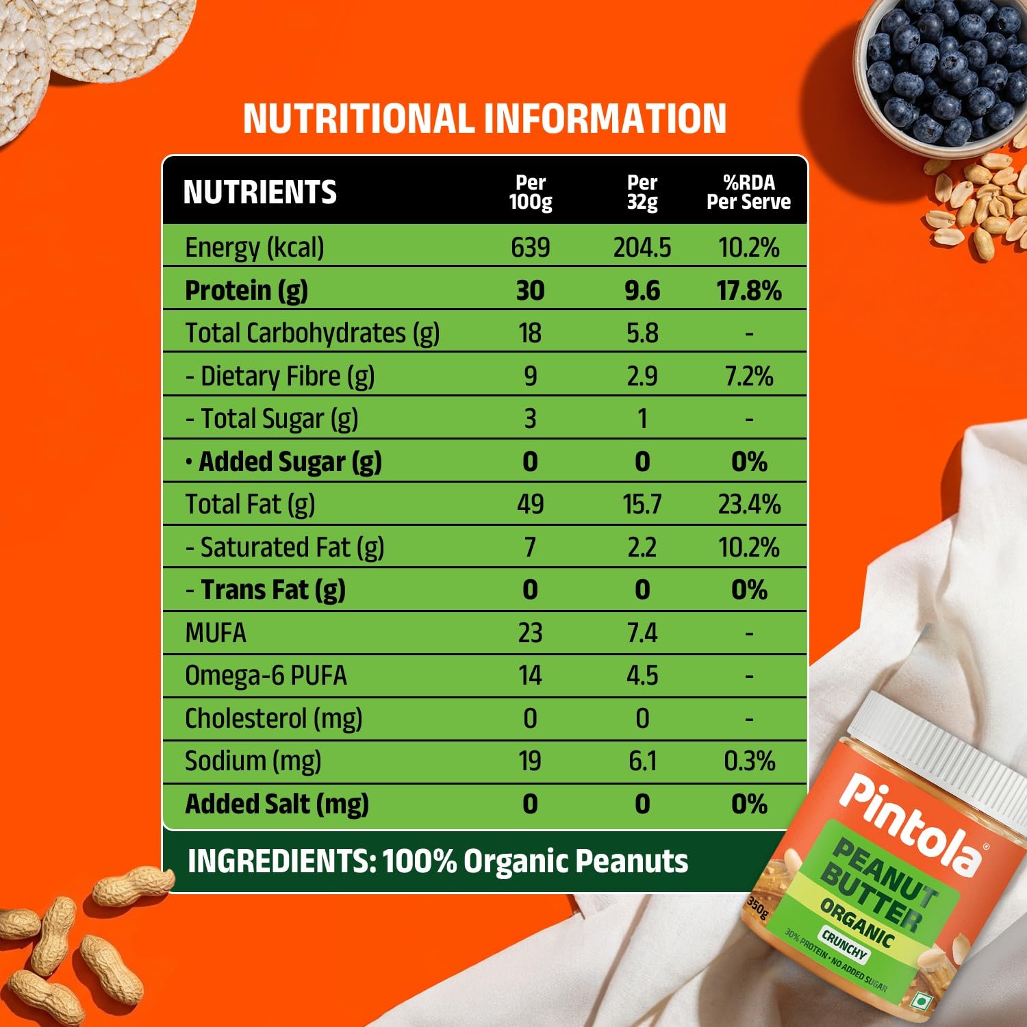Pintola Organic Unsweetened Peanut Butter Crunchy 350g - High Protein 30g & 9g Dietary Fiber, Made with Organic Peanuts, No Added Sugar, No Preservatives 3
