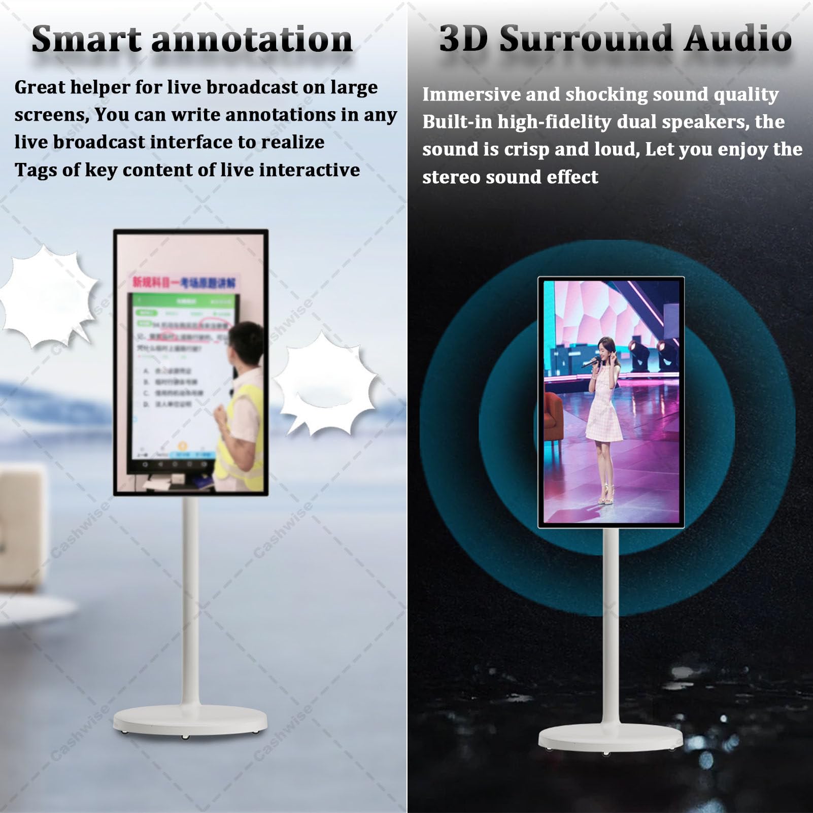 TV Portable Intelligent de 21,5 Pouces 4K, 6G + 128G Storage, Android 14 OS, TV Roulant sur Roues avec écran Tactile Rotatif, Batterie intégrée, Rotation pivotante complète 6+128G