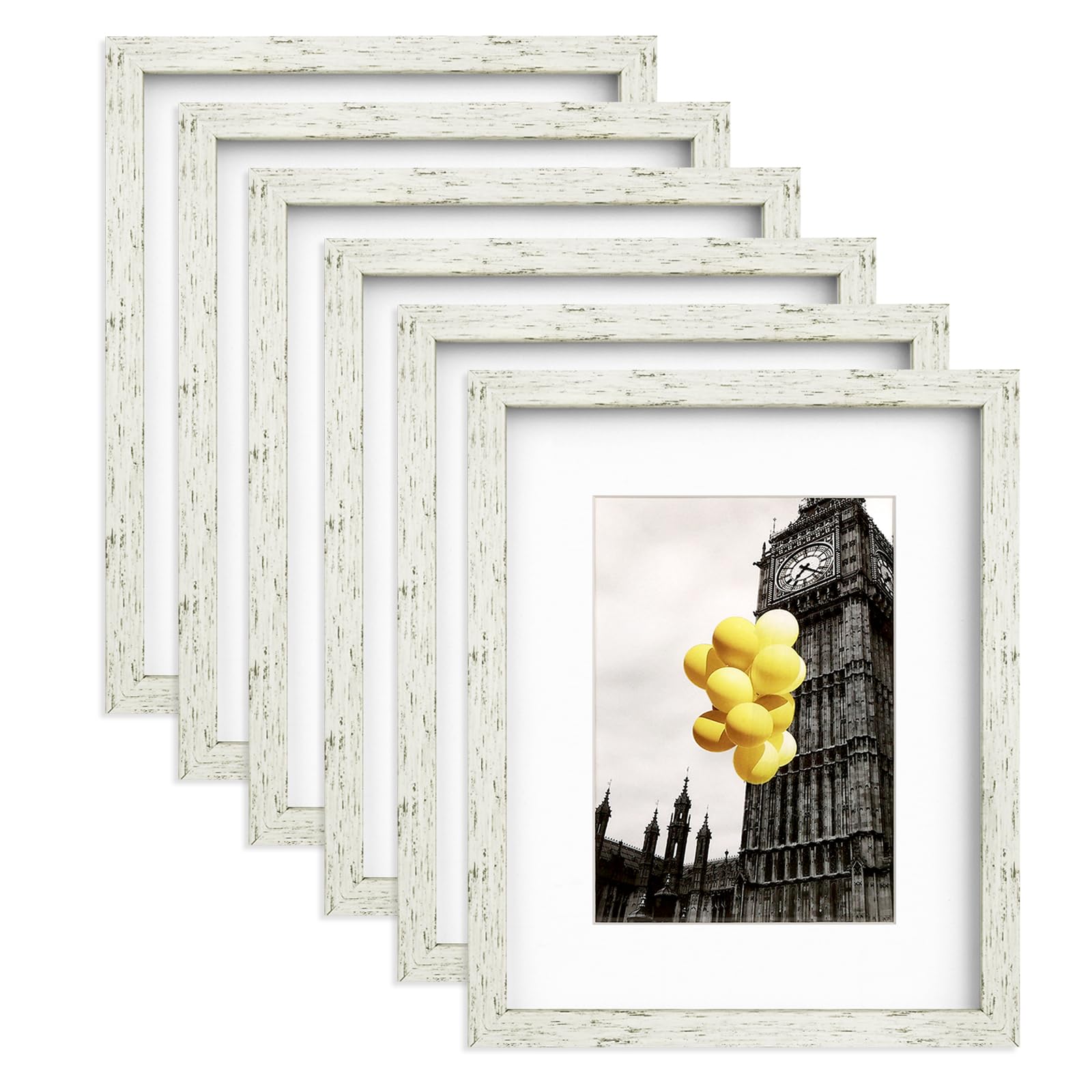 BSRHOME 8x10 Picture Frame Set with Mat for Wall Collage - 6 pcs Distressed White Farmhouse Photo Frames for Hanging Wall or Tabletop Decor