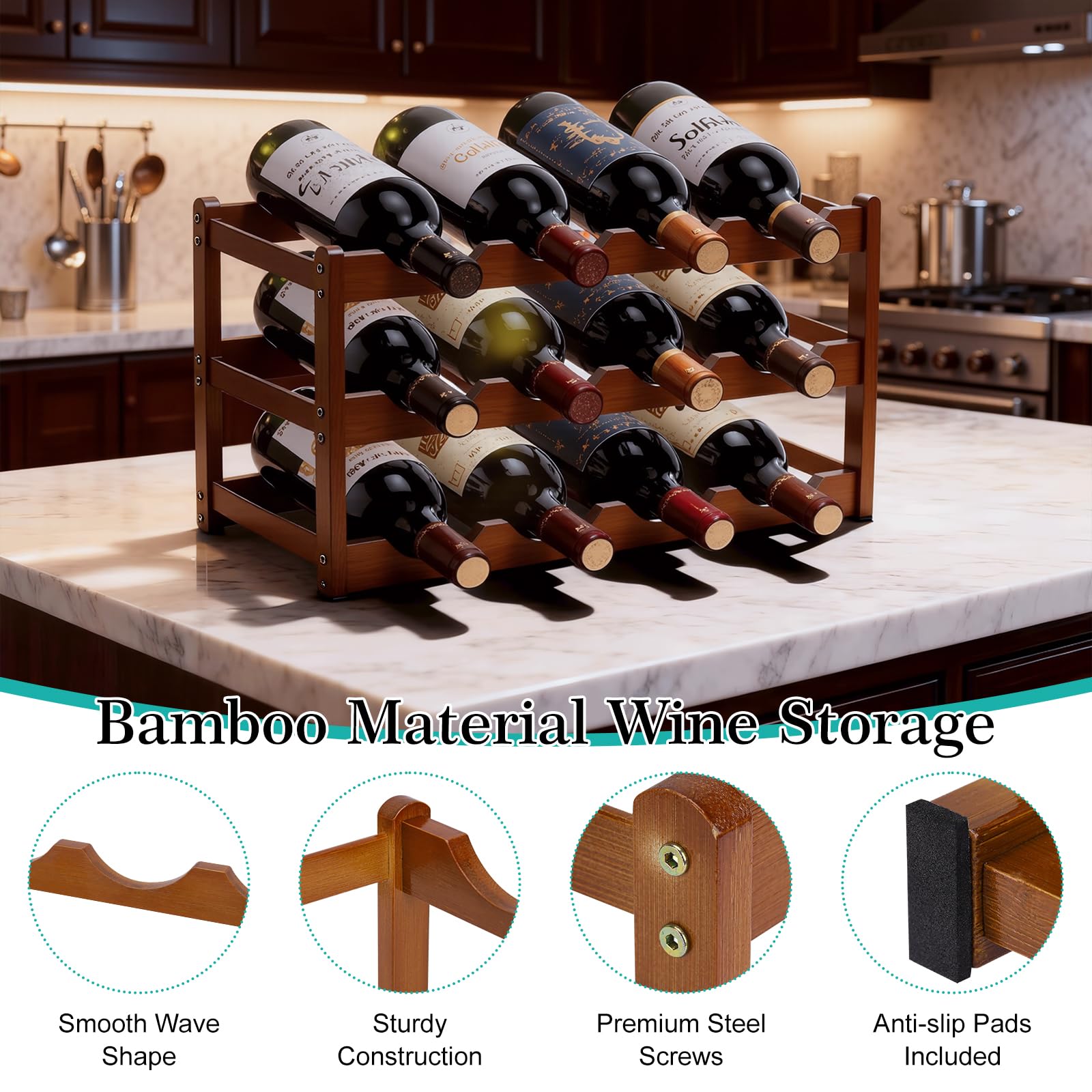 Fentar Vinoteca 12 Botellas, Botellero Vino de 3 Niveles, Botellero Apilable Estable, Botelleros Madera Estrechos para Cocina Bar Cellar (43 x 23,5 x 25cm) — view 5