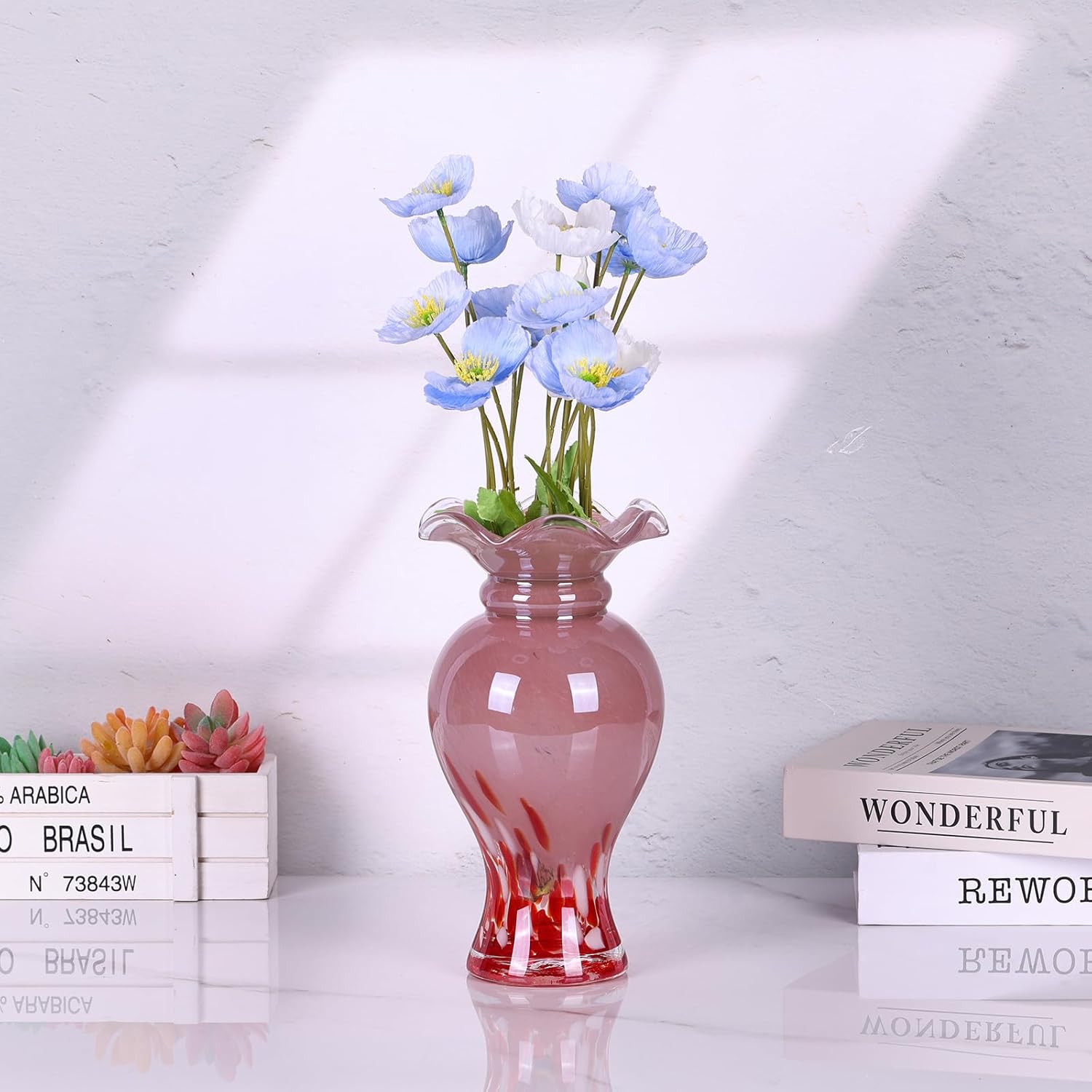 Hand Blown Glass vase, Glass Wide Mouth Decorative vase, Pink vase, Office Table Centerpiece Coffee Table Mantle Wedding enterpiece Decorative vase. - Image 3