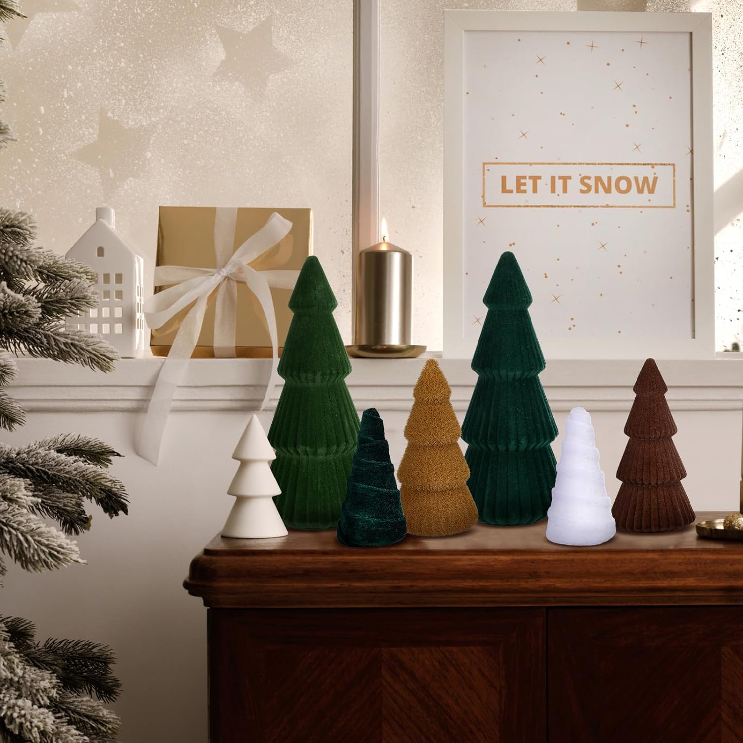 Tigeen 6 Pcs Neutral Velvet Christmas Tree Decoration Modern Christmas Cone Trees Decoration Minimalist Flocked Tabletop Centerpieces for Xmas Winter Holiday Entryway Table Mantel Party