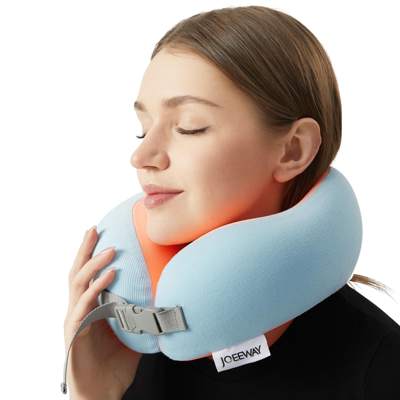 Joeeway Travel Neck Pillow for Airplane Plant-Based Memory Foam Neck Support Pillow with Adjustable Press Buckle Washable 2-Layer