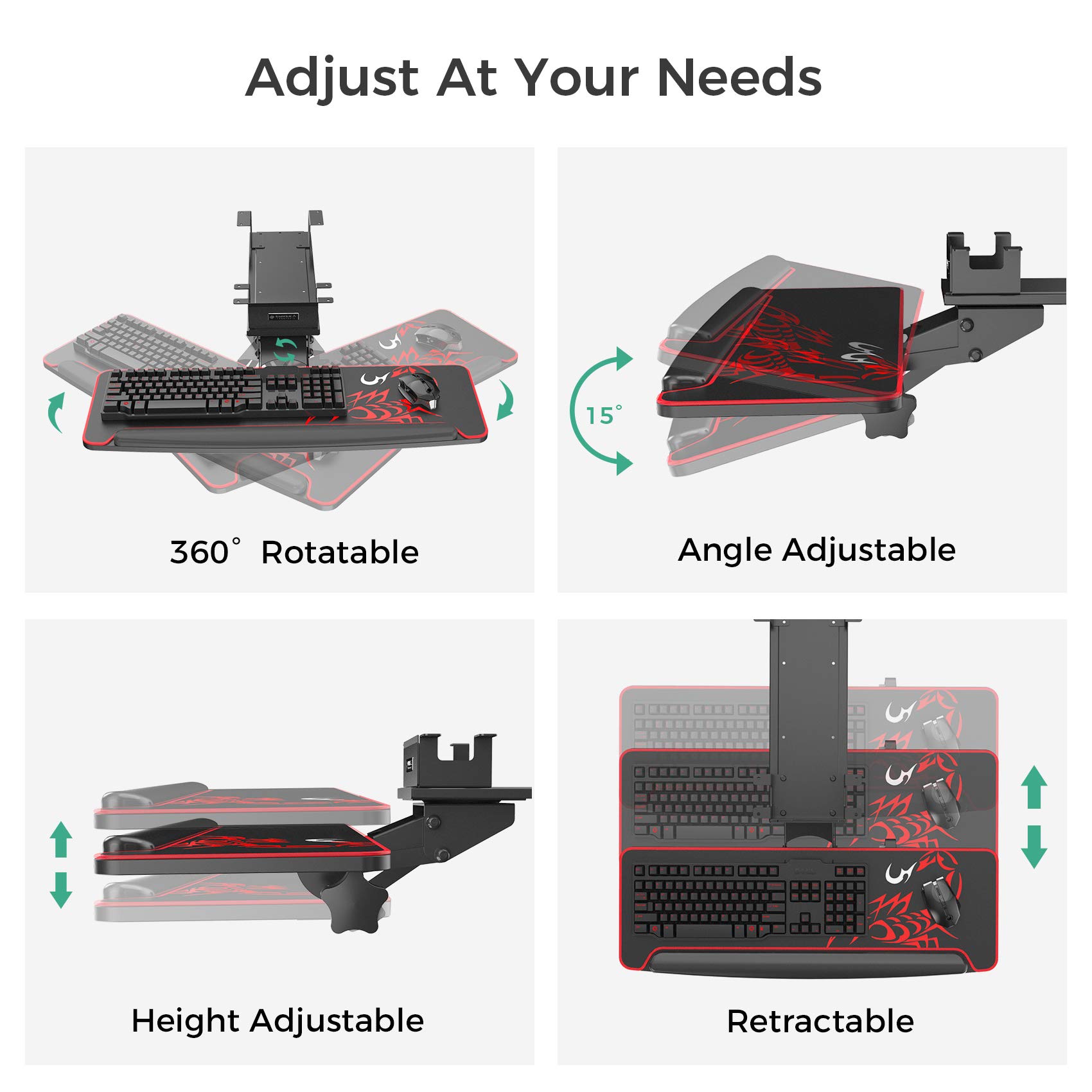 EUREKA ERGONOMIC Height Adjustable Mouse & Keyboard Tray Under Desk, 28 x 10 Inches Large Black