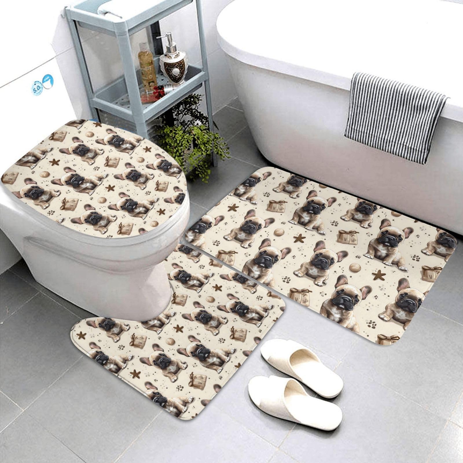 Tapis de bain lavable et doux motif bouledogue pour sécuriser la douche et le contour WC