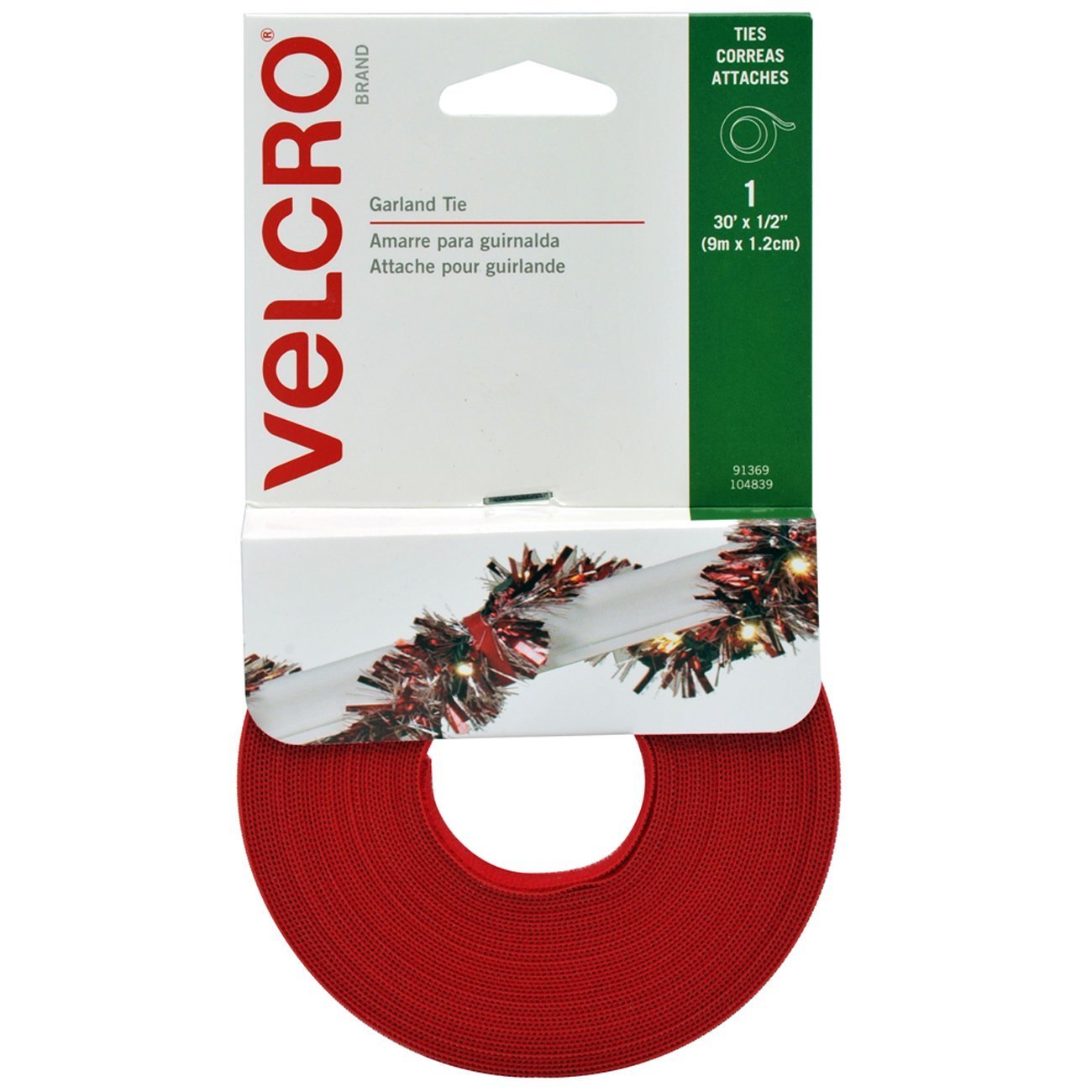 VELCRO Brand - Holiday Garland Ties - 30' x 1/2" Roll - Red