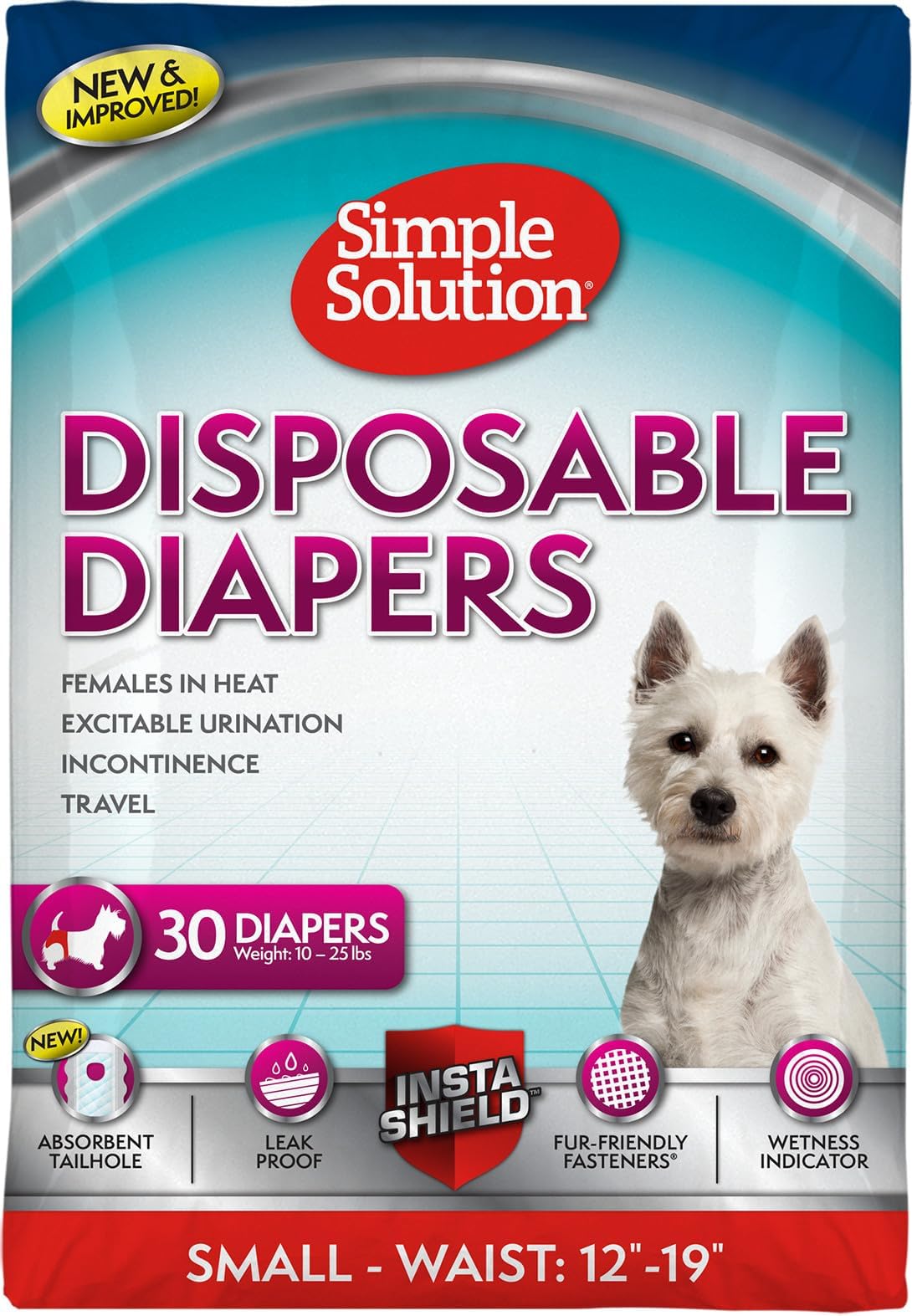 Simple Solution Female Dog Diapers – Disposable Diapers for Potty Training, Incontinence, and Heat Cycle Protection – Leak-Proof Fit for Small Dogs, 12–19 Inch Waist – 30 Count