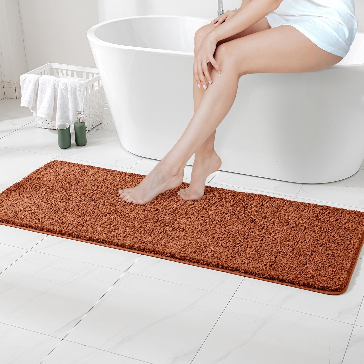 MIULEE Burnt Orange Bathroom Runner Rugs, Soft Absorbent Microfiber Long Bath Rugs Non Slip Quick Dry Fluffy Bath Mats for Bathroom Floor, Machine