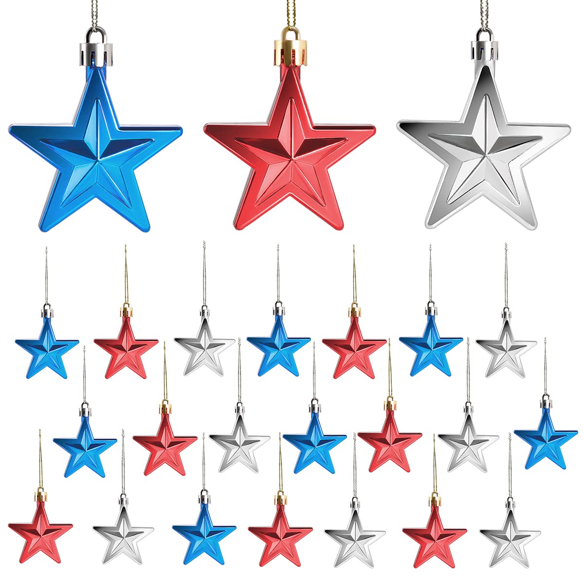 24 Pcs Star Tree Ornaments Patriotic Hanging Stars Blue Red Silver Decor for 4th of July, Memorial Day, National Independence Day Decorations Home Indoor Outdoor