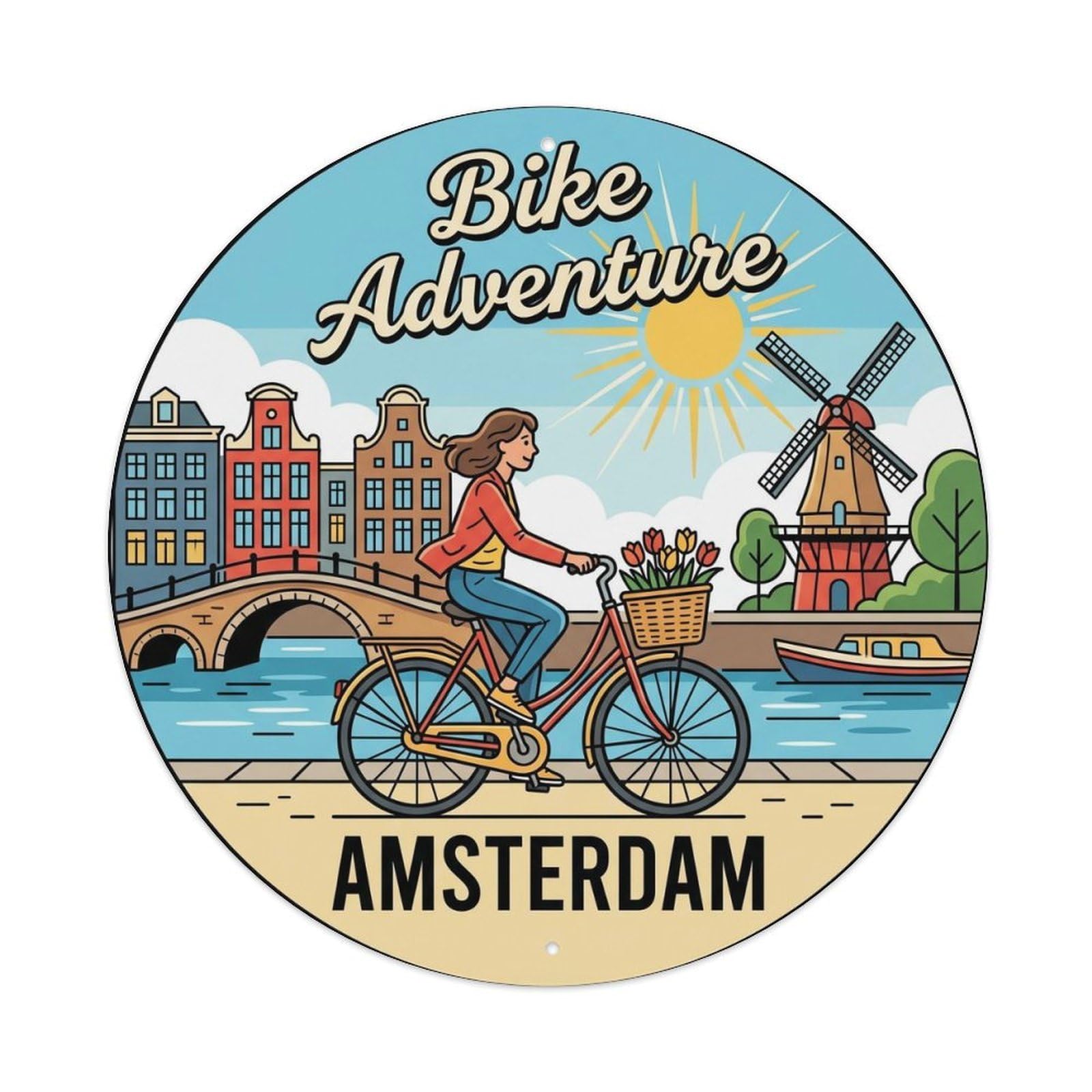 Vintage Travel Amsterdam Bicycle Tour Metal Tin Sign Plaque Wall Decor for Cafe, Club, Garden Round Metal Poster 8x8Inch