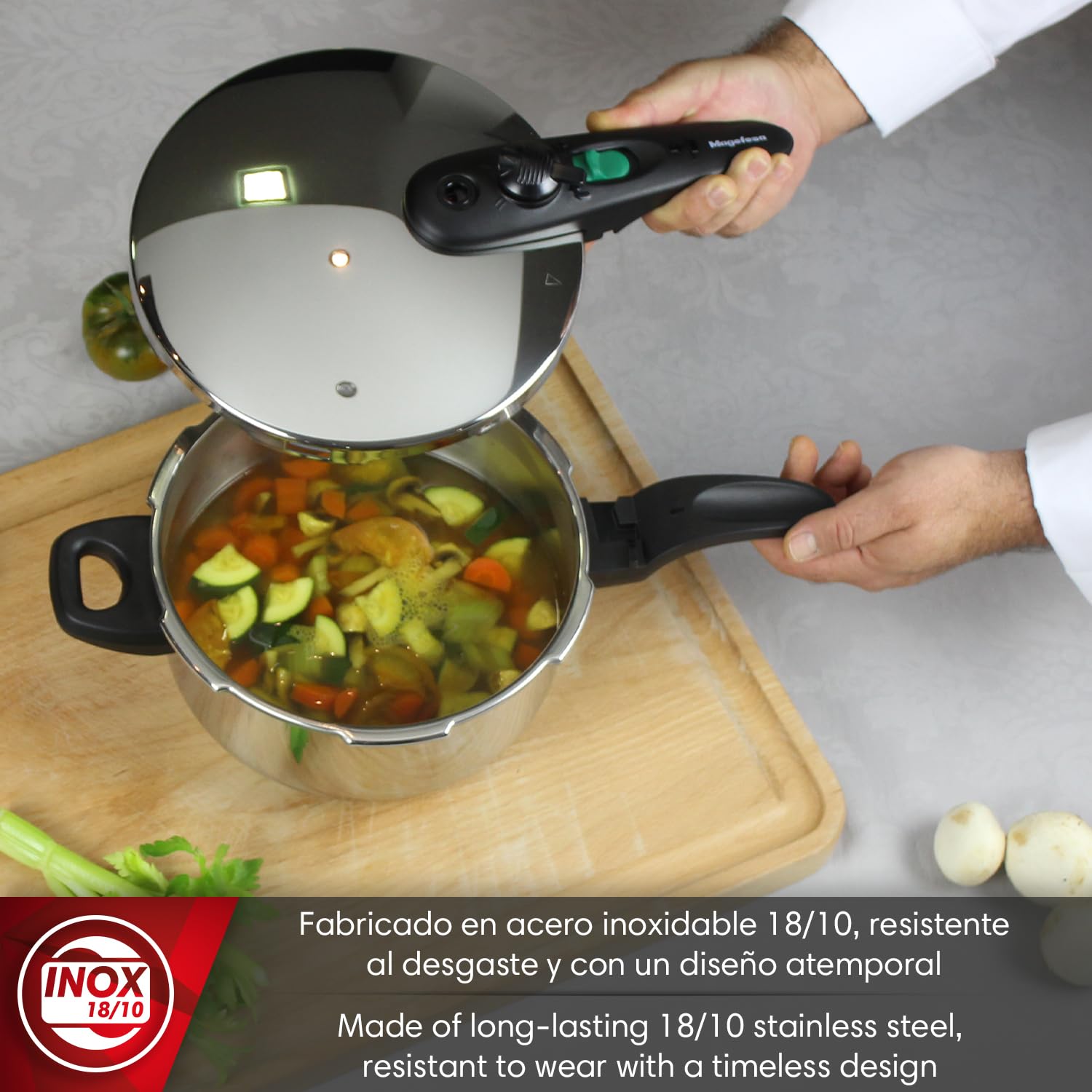 Magefesa Athenas - Olla Express Rápida de 7,5 L, Acero Inoxidable 18/10, Apta para Inducción, Fondo Termo-Difusor, Cocina Sana, Ahorro de Energía