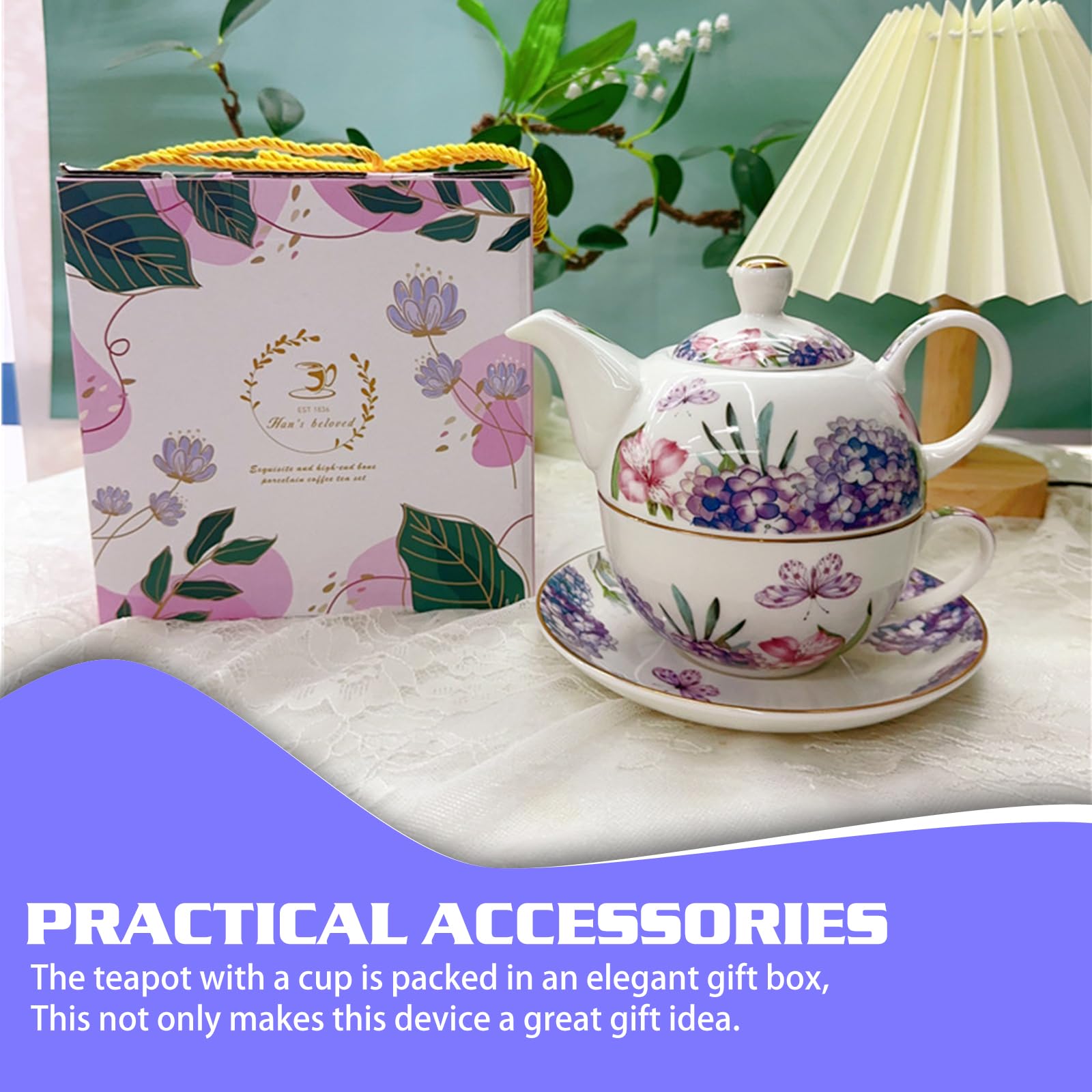 Service à thé pour une personne - Motif floral - Théière en céramique de 400 ml avec tasse de 250 ml - Service à thé en porcelaine pour le thé de l'après-midi - Cadeau pour femme - Vaisselle à café