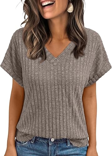 AUTOMET Womens Spring Tops 2026 Summer Dressy Casual Blouses Short Sleeve Cute V Neck Sweater Shirts Fashion Vacation Clothes