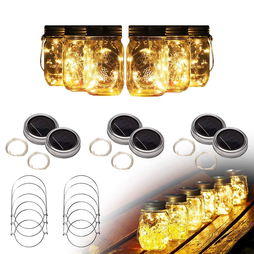 Metacrafter Solar Powered Mason Jar Light, Fairy Firefly String Light Starry Lighting Waterproof 6 Pack 20 LED Glass Jar Insert Lid Light with Hanger Patio Night Decor Hanging Lamp Lantern for Garden