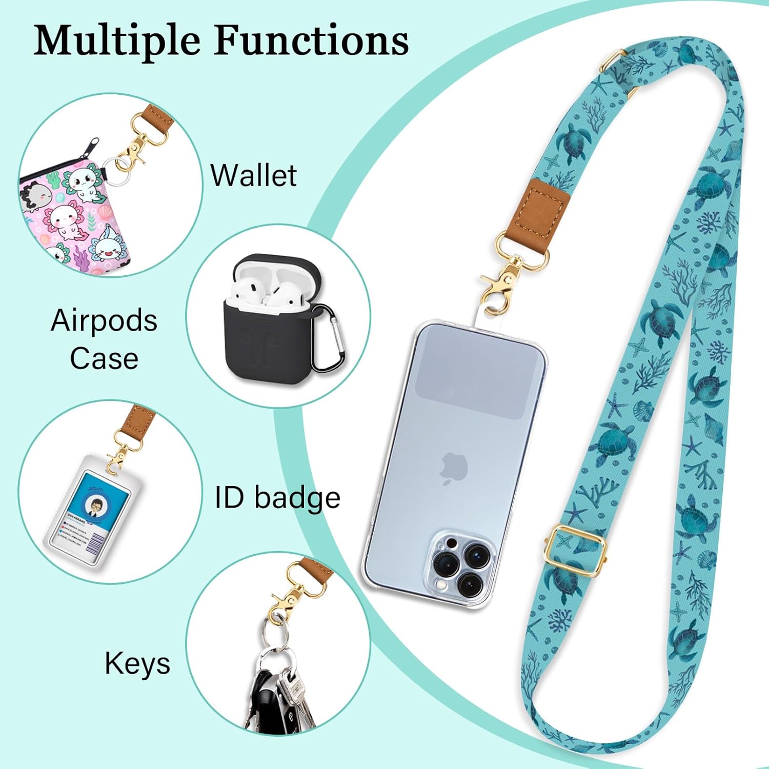 Phone Lanyard Crossbody Strap, Sea Turtle Cell Phone Lanyard for Women, Wrist Strap Wristlet Adjustable Accessories around the Neck for Keychain Cruise Travel Beach Essentials Gift - Image 3